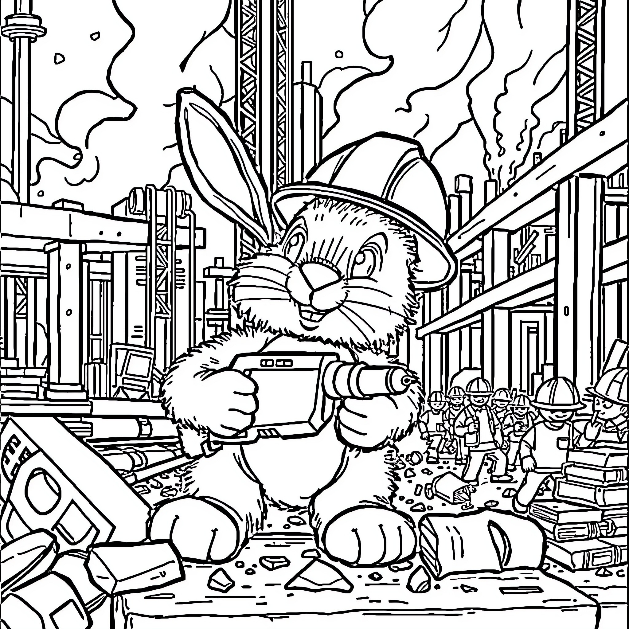 Rabbit exploring a bustling futuristic city Coloring Page (free black-and-white line drawing printable PDF for all, from beginners to advanced learners, including children, teens, adults, and seniors)
