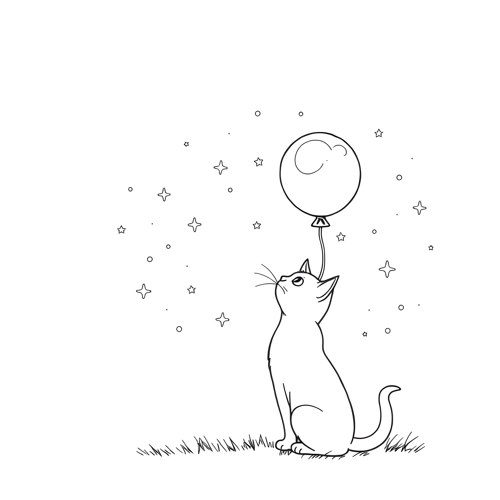 Cat playing with a balloon under the starry night Coloring Page (free black-and-white line drawing printable PDF for all, from beginners to advanced learners, including children, teens, adults, and seniors)