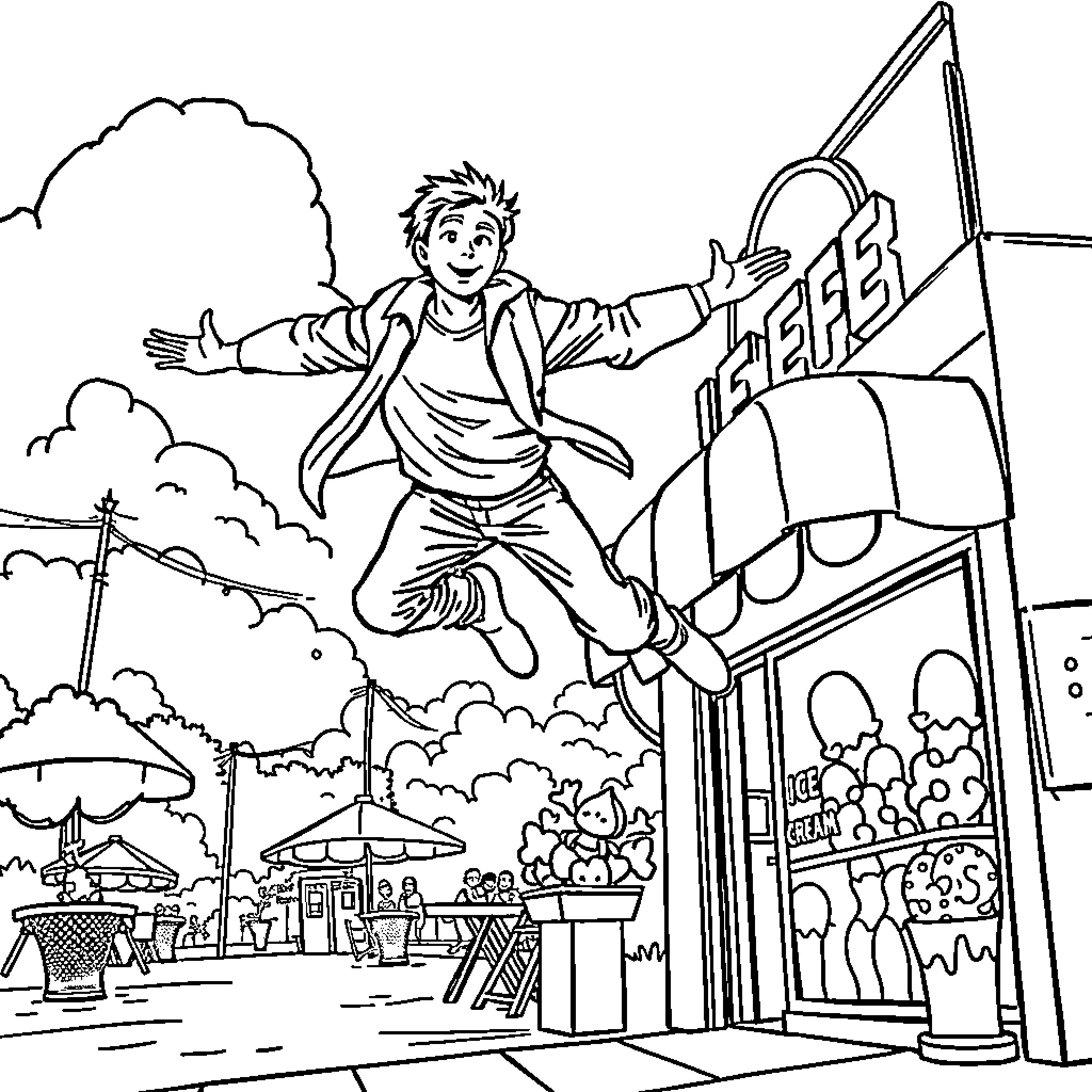 Man jumping joyfully in urban setting Coloring Page (free black-and-white line drawing printable PDF for all, from beginners to advanced learners, including children, teens, adults, and seniors)