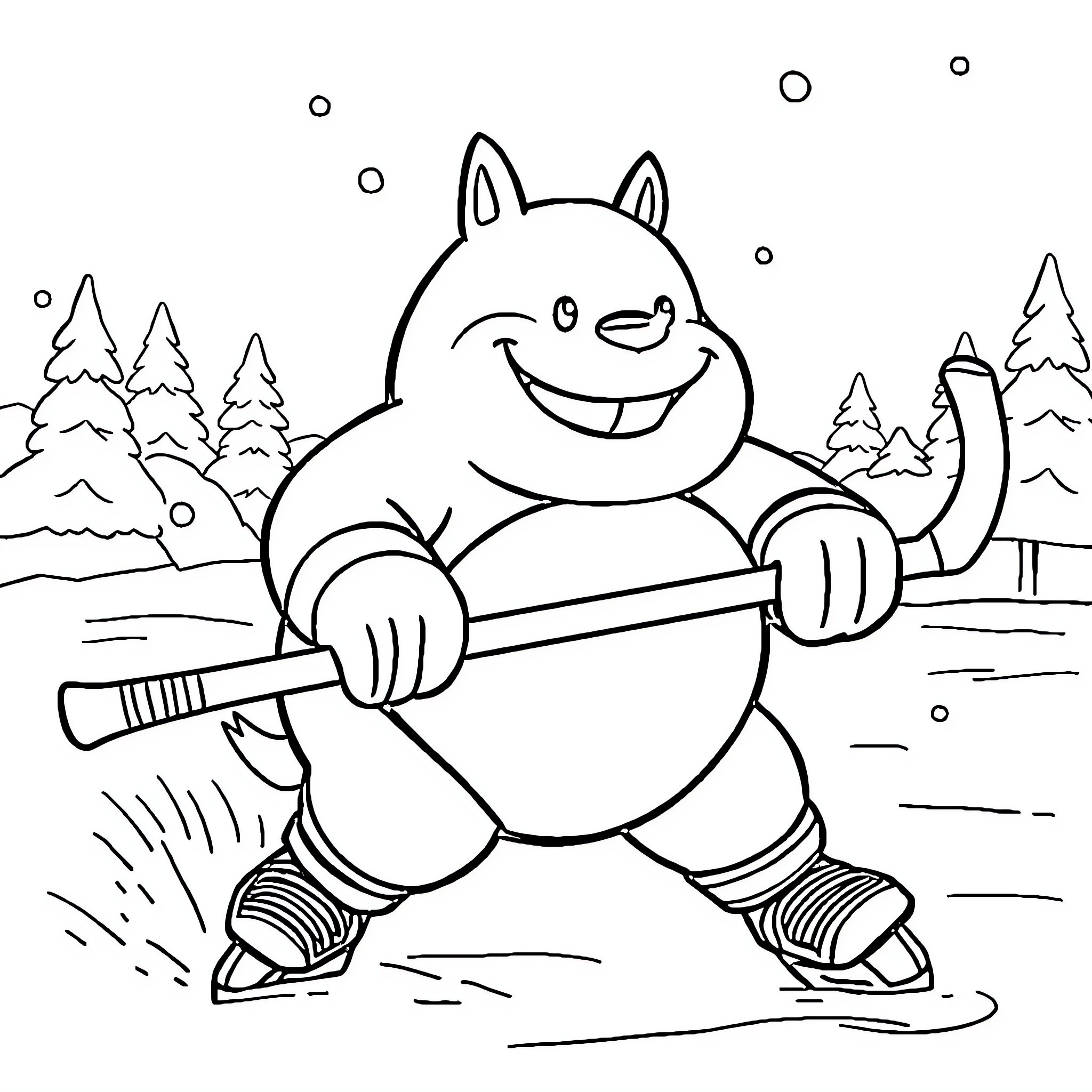 Snorlax happily ice skating in the winter wonderland Coloring Page (free black-and-white line drawing printable PDF for all, from beginners to advanced learners, including children, teens, adults, and seniors)