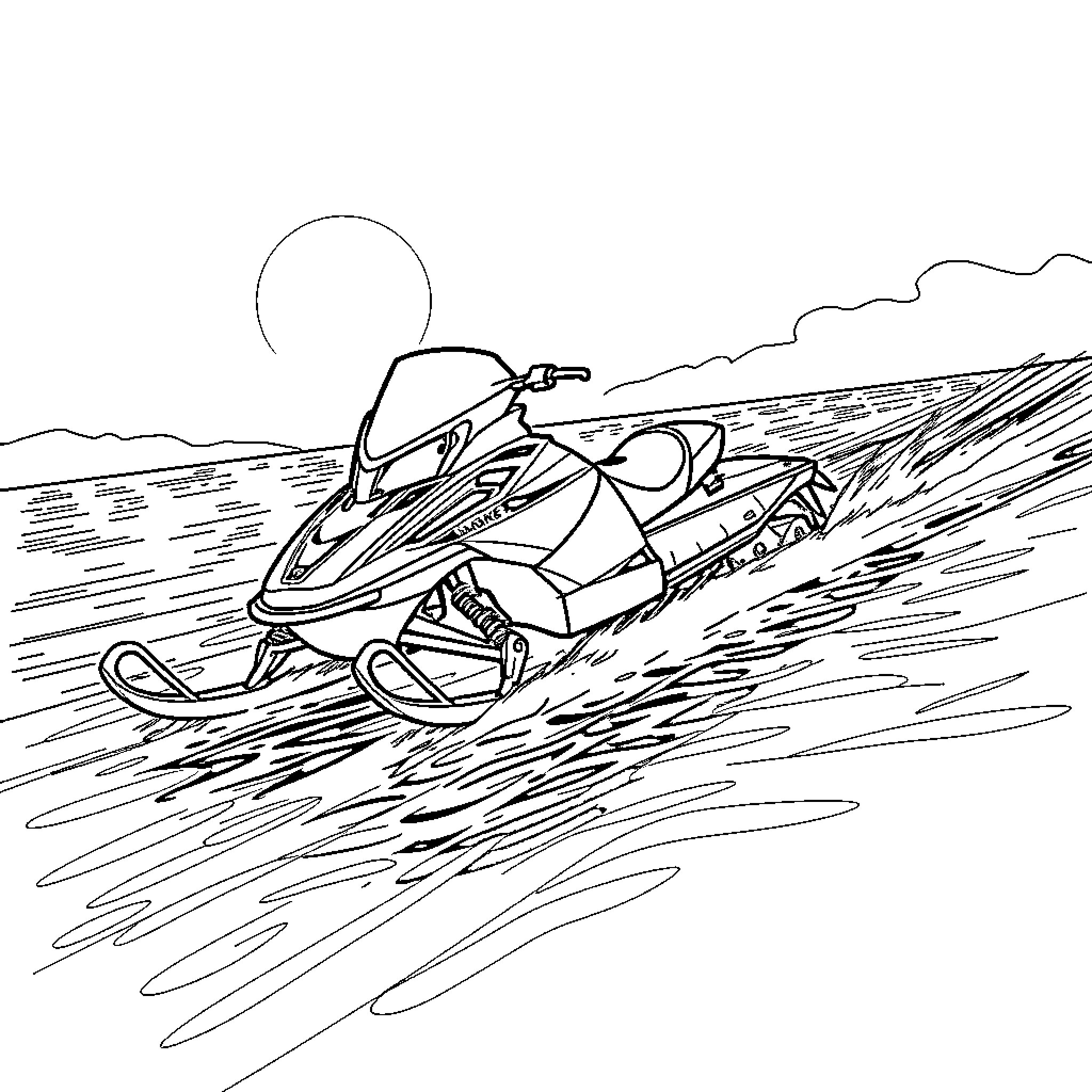 Snowmobile speeding through snowy landscape Coloring Page (free black-and-white line drawing printable PDF for all, from beginners to advanced learners, including children, teens, adults, and seniors)