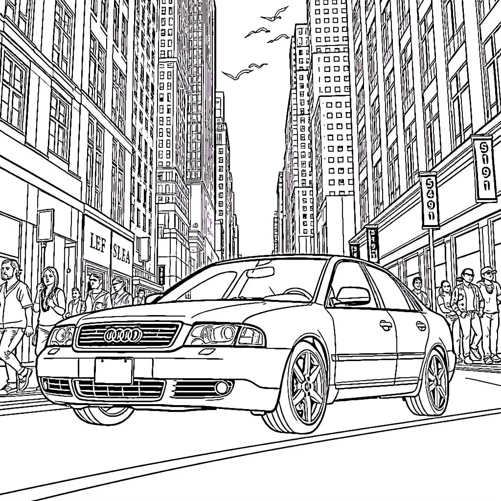 Audi sedan driving through busy city streets Coloring Page (free black-and-white line drawing printable PDF for all, from beginners to advanced learners, including children, teens, adults, and seniors)