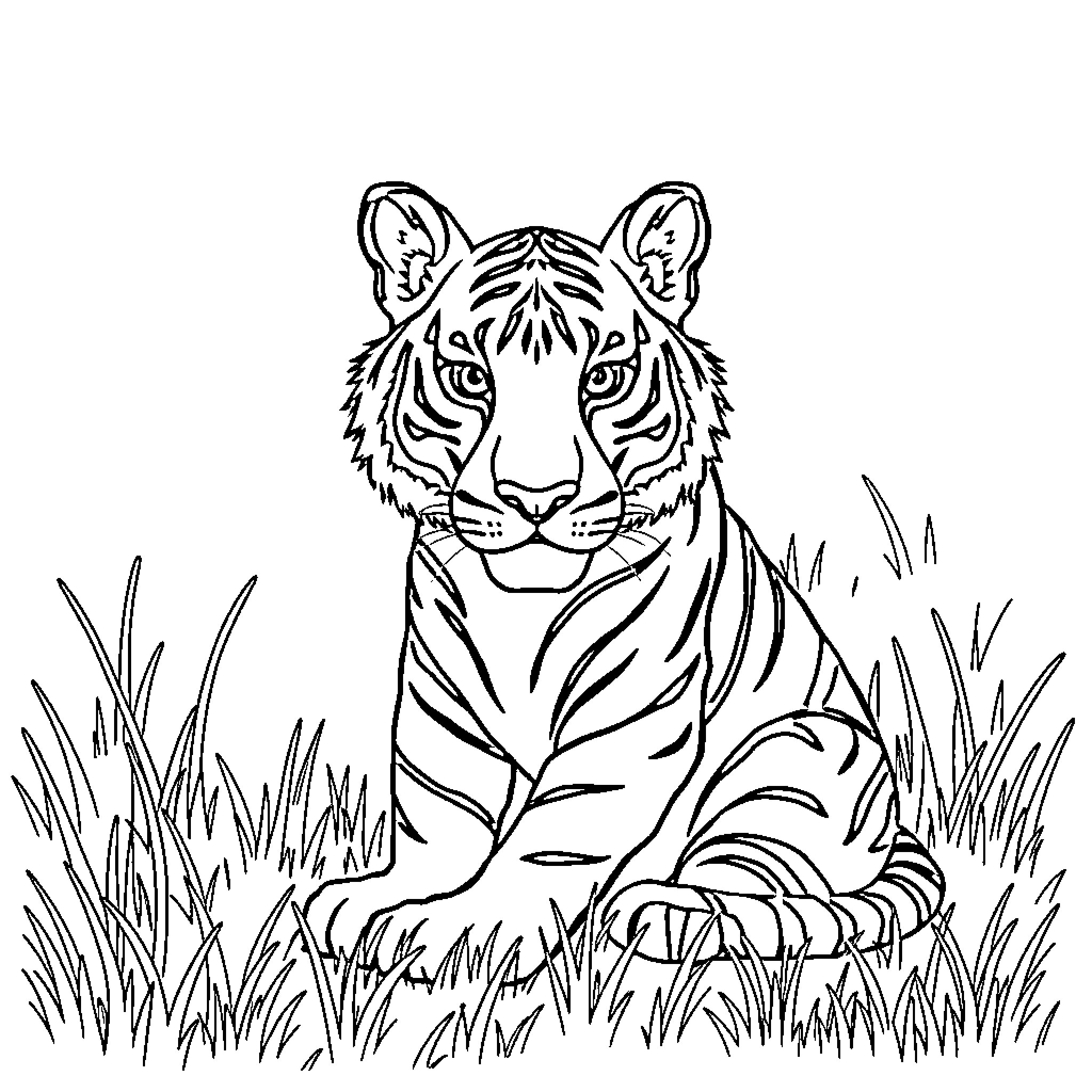 Tiger resting quietly in tall grass Coloring Page (free black-and-white line drawing printable PDF for all, from beginners to advanced learners, including children, teens, adults, and seniors)