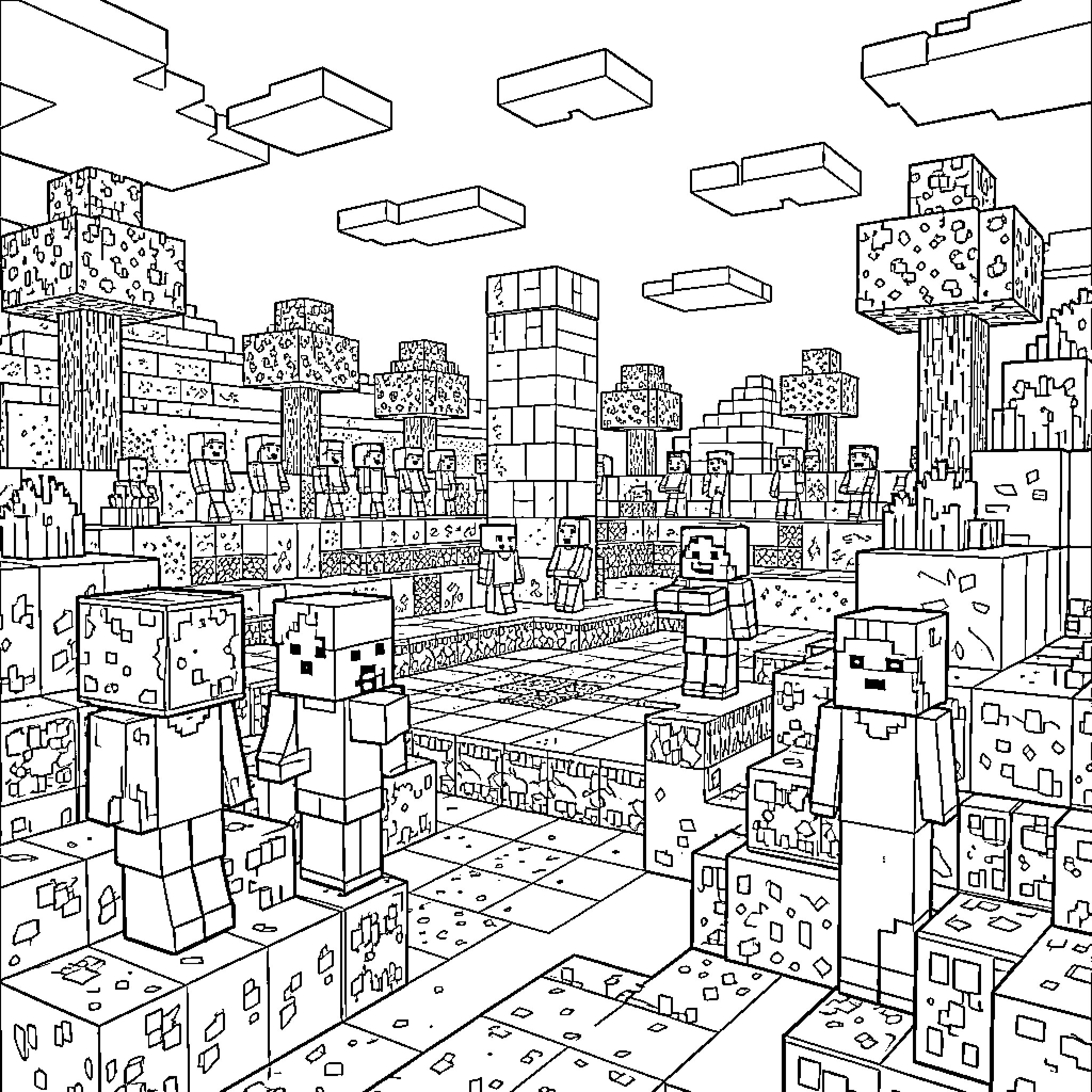 Minecraft city skyline with characters and structures Coloring Page (free black-and-white line drawing printable PDF for all, from beginners to advanced learners, including children, teens, adults, and seniors)