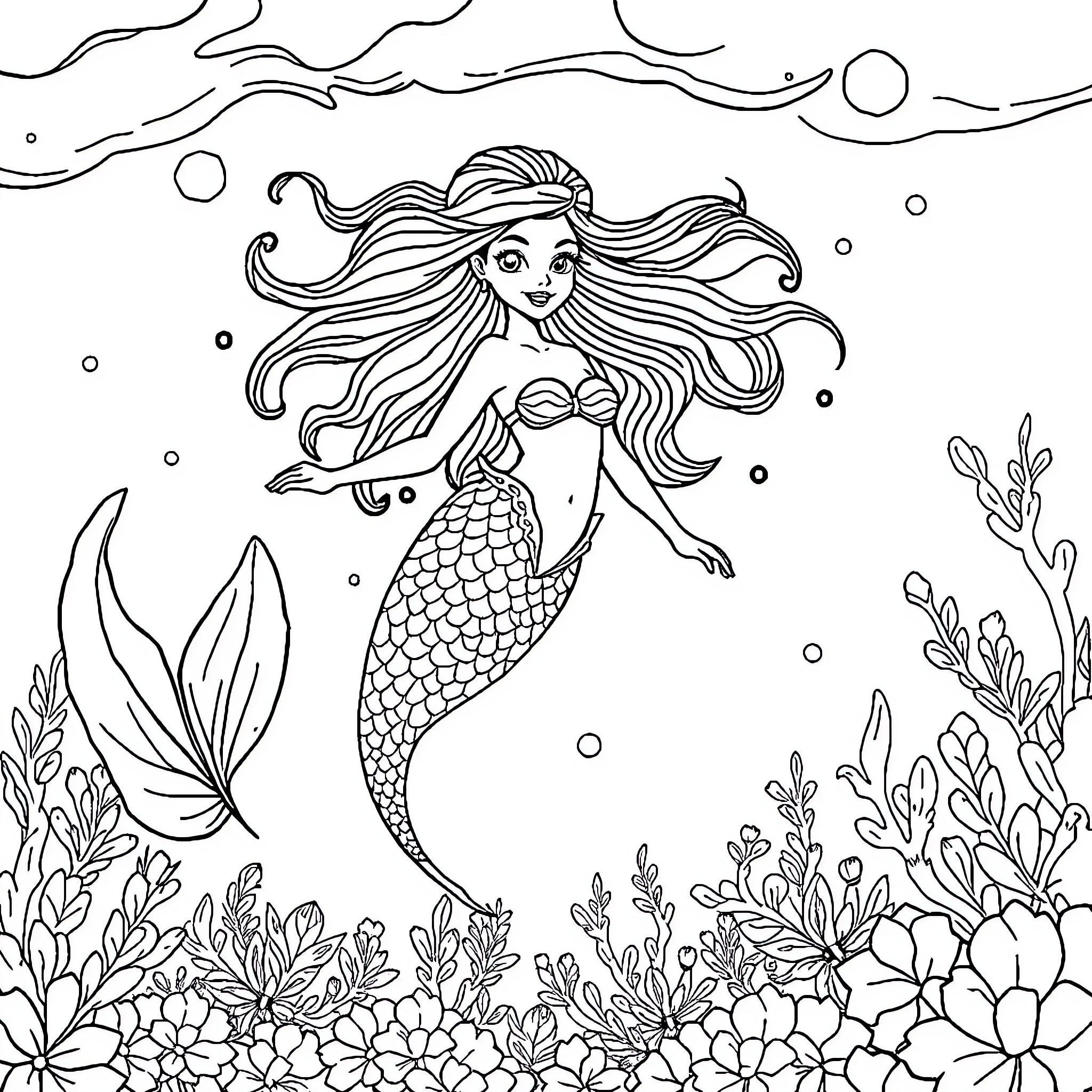 Mermaid swimming gracefully in the underwater garden Coloring Page (free black-and-white line drawing printable PDF for all, from beginners to advanced learners, including children, teens, adults, and seniors)