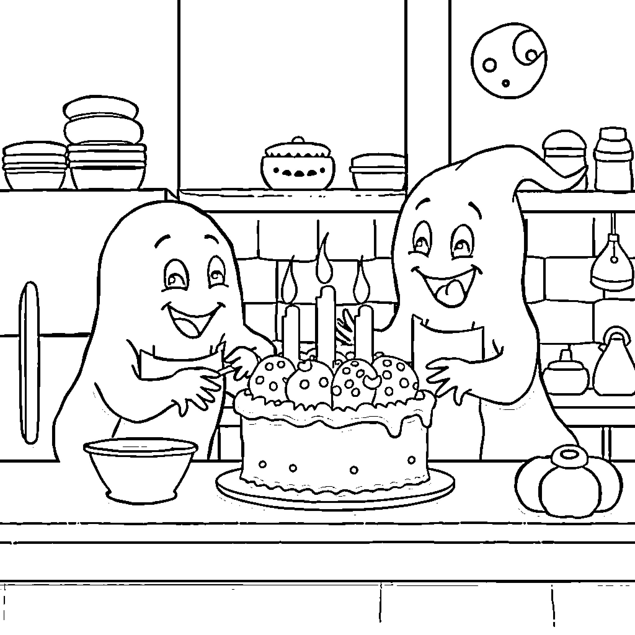 Ghost characters celebrating birthday with cake Coloring Page (free black-and-white line drawing printable PDF for all, from beginners to advanced learners, including children, teens, adults, and seniors)