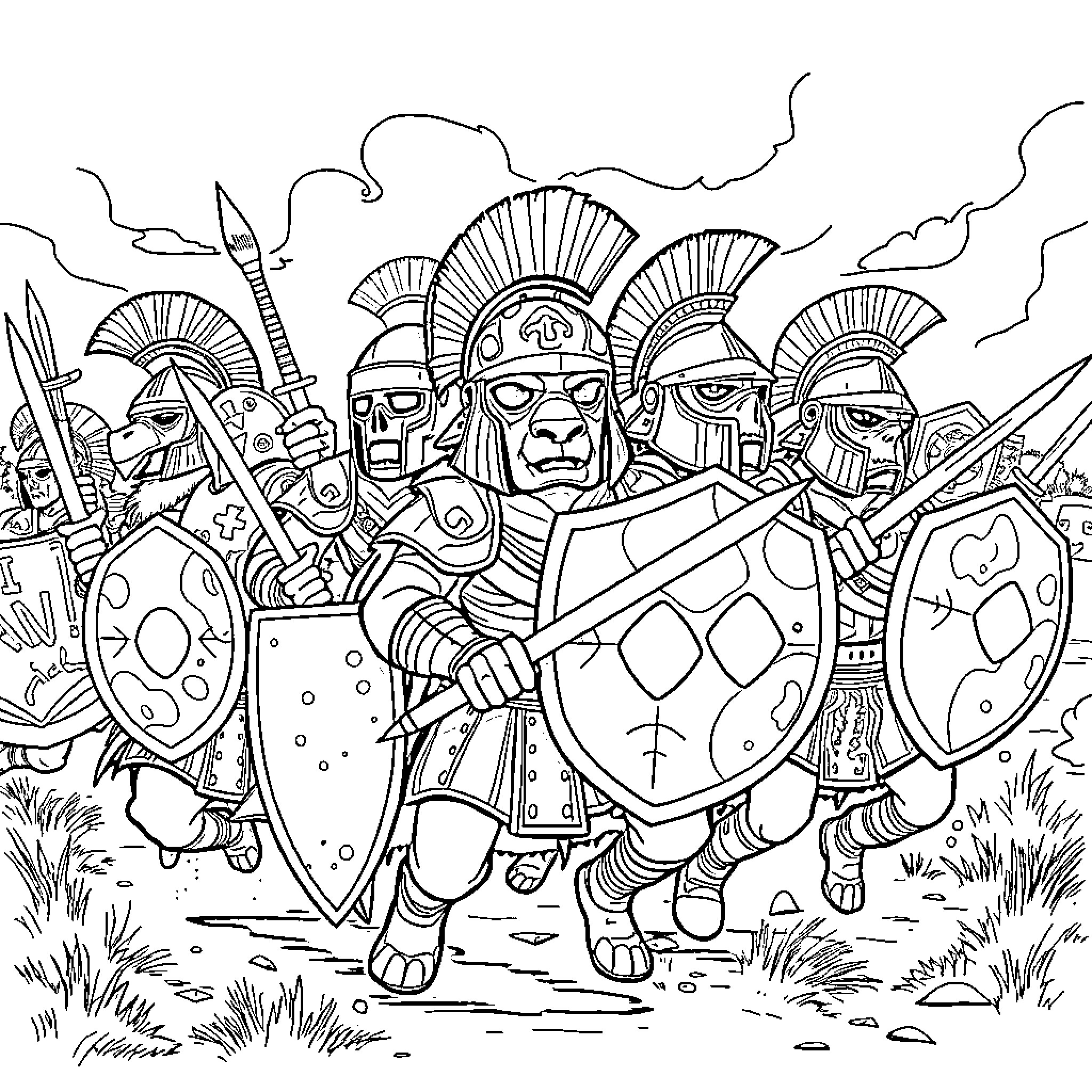 Zoo Animal Roman Soldiers in Armor Marching to War Coloring Page (free black-and-white line drawing printable PDF for all, from beginners to advanced learners, including children, teens, adults, and seniors)