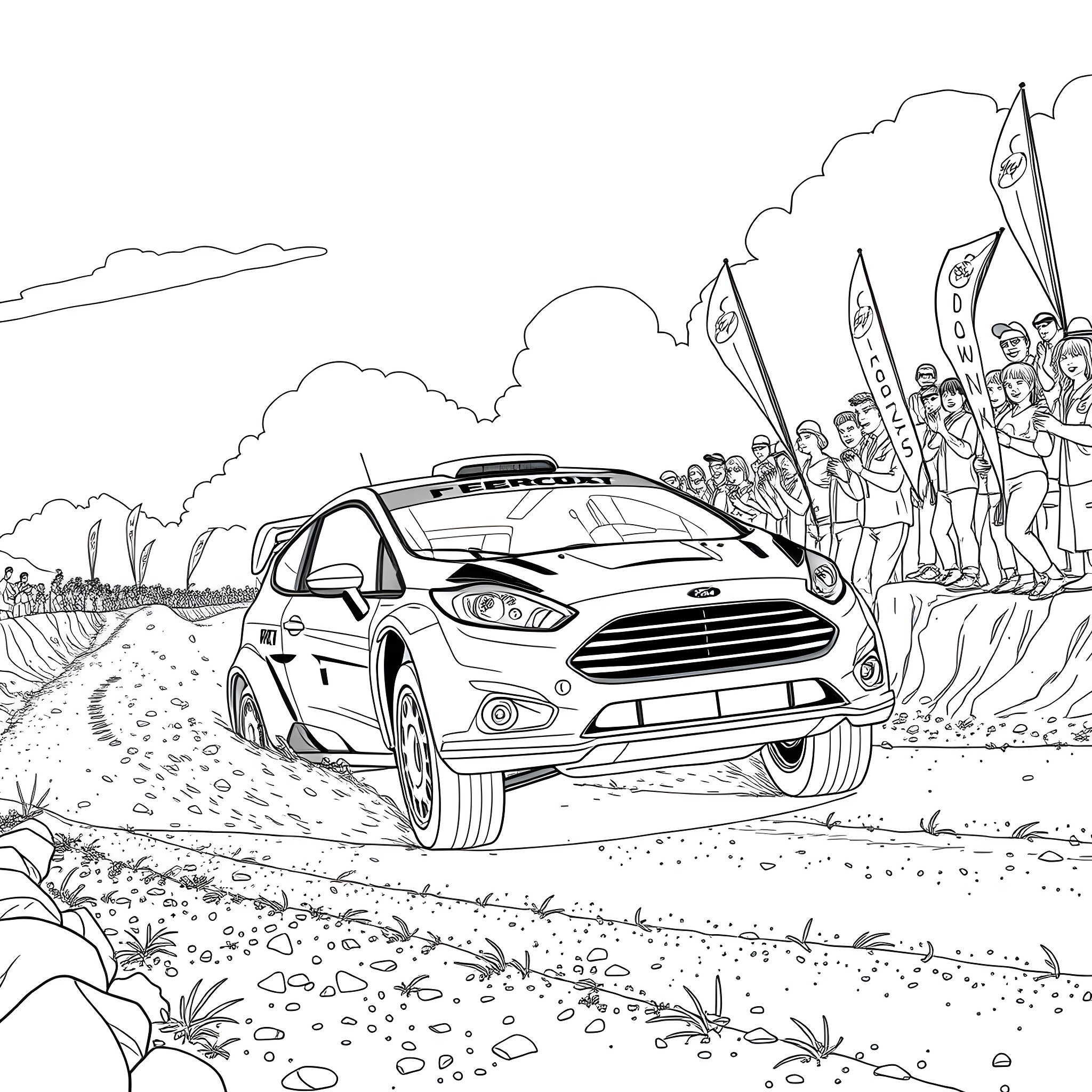 Ford Fiesta in Rally Race with Cheering Crowd Coloring Page (free black-and-white line drawing printable PDF for all, from beginners to advanced learners, including children, teens, adults, and seniors)