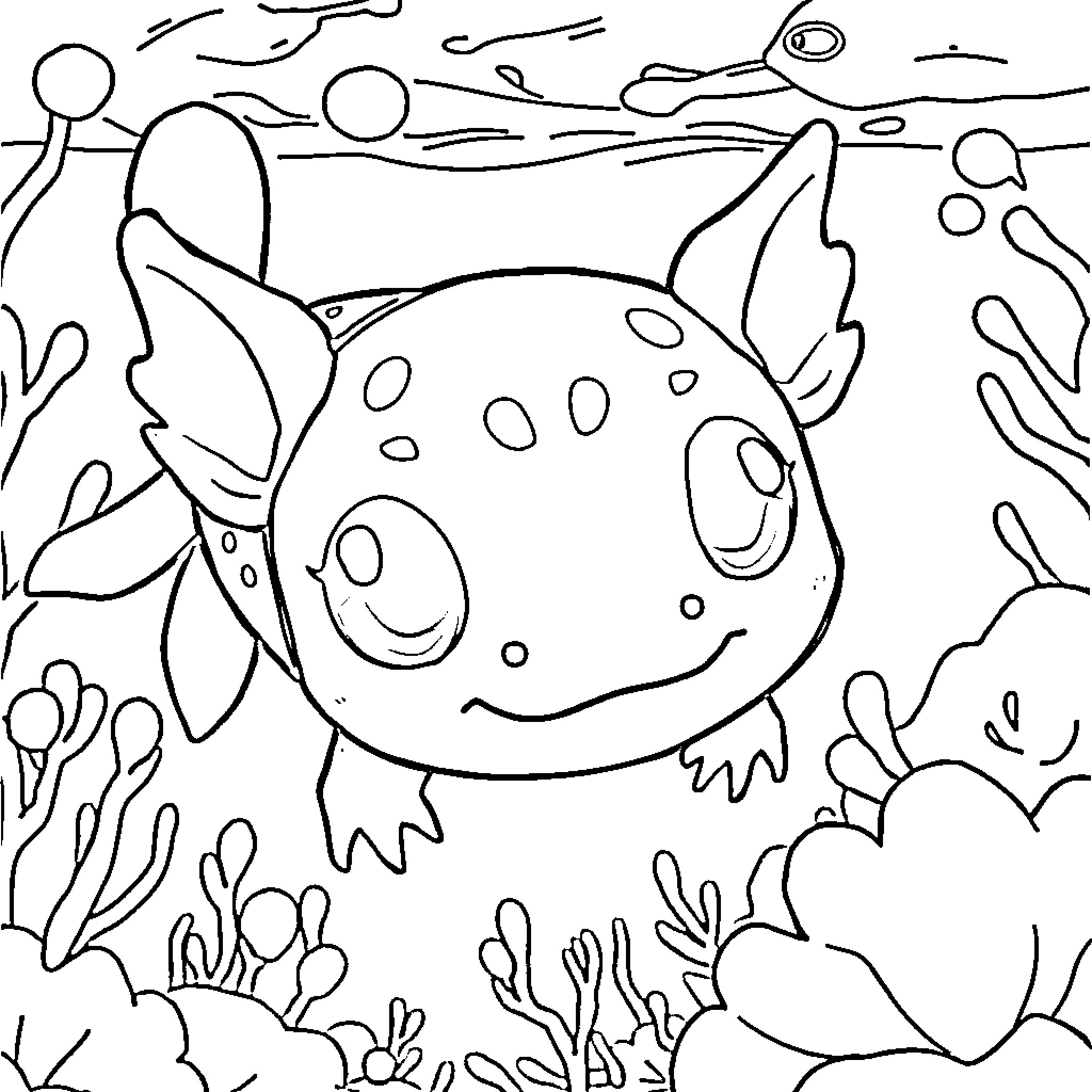 Axolotl swimming in an underwater scene Coloring Page (free black-and-white line drawing printable PDF for all, from beginners to advanced learners, including children, teens, adults, and seniors)