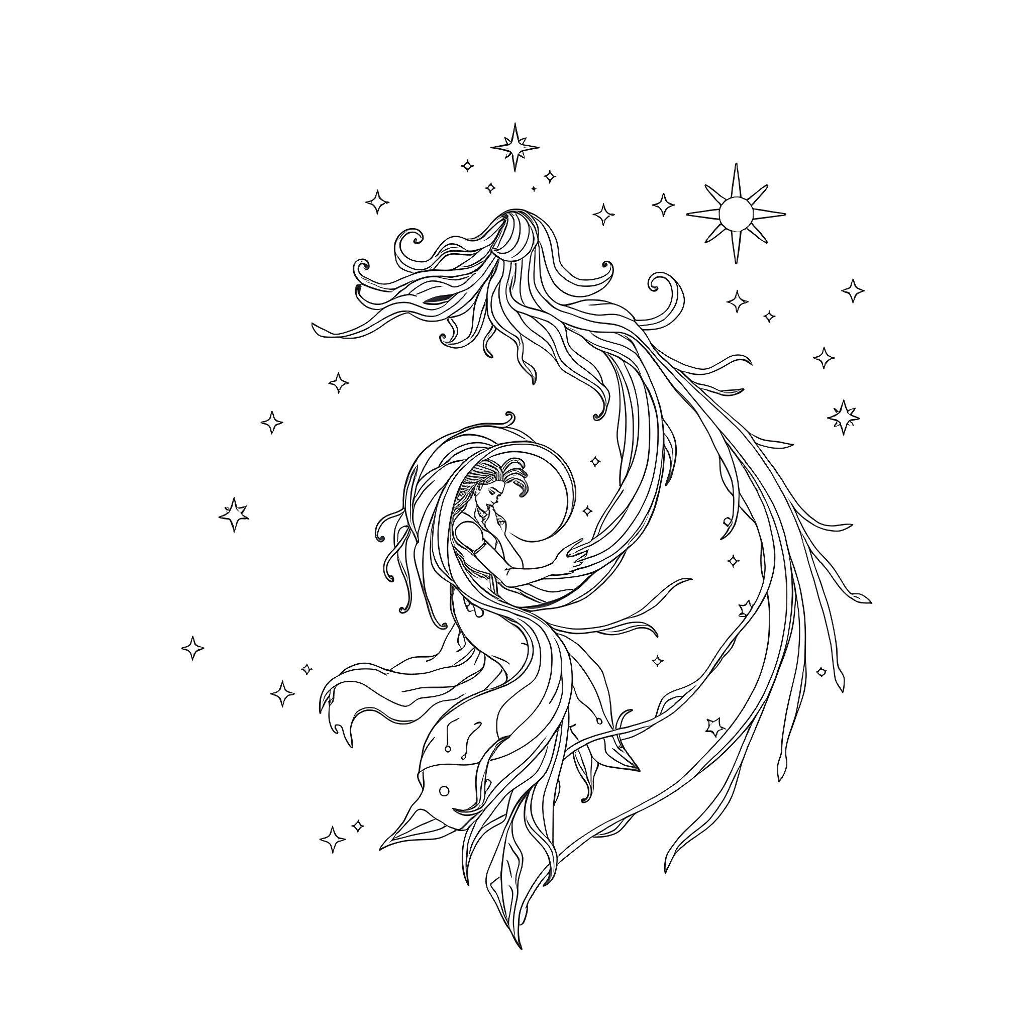 Great Spirit dancing gracefully among the stars Coloring Page (free black-and-white line drawing printable PDF for all, from beginners to advanced learners, including children, teens, adults, and seniors)