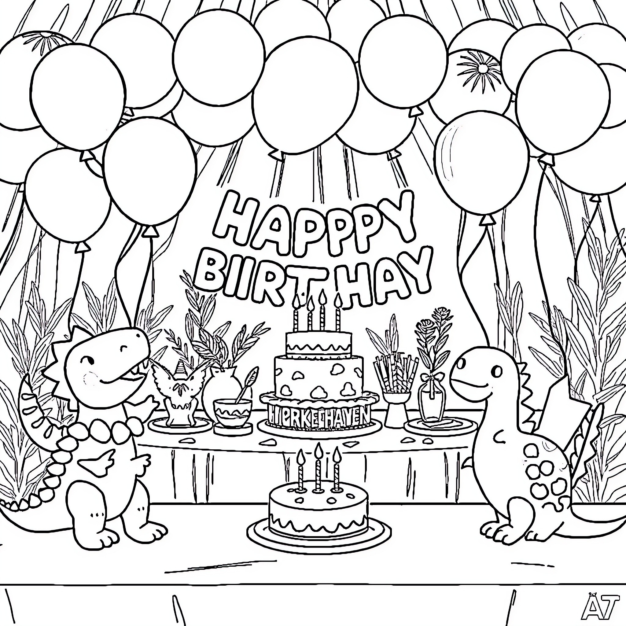 Girl's Festive Birthday Party with Balloons and Cake Coloring Page (free black-and-white line drawing printable PDF for all, from beginners to advanced learners, including children, teens, adults, and seniors)