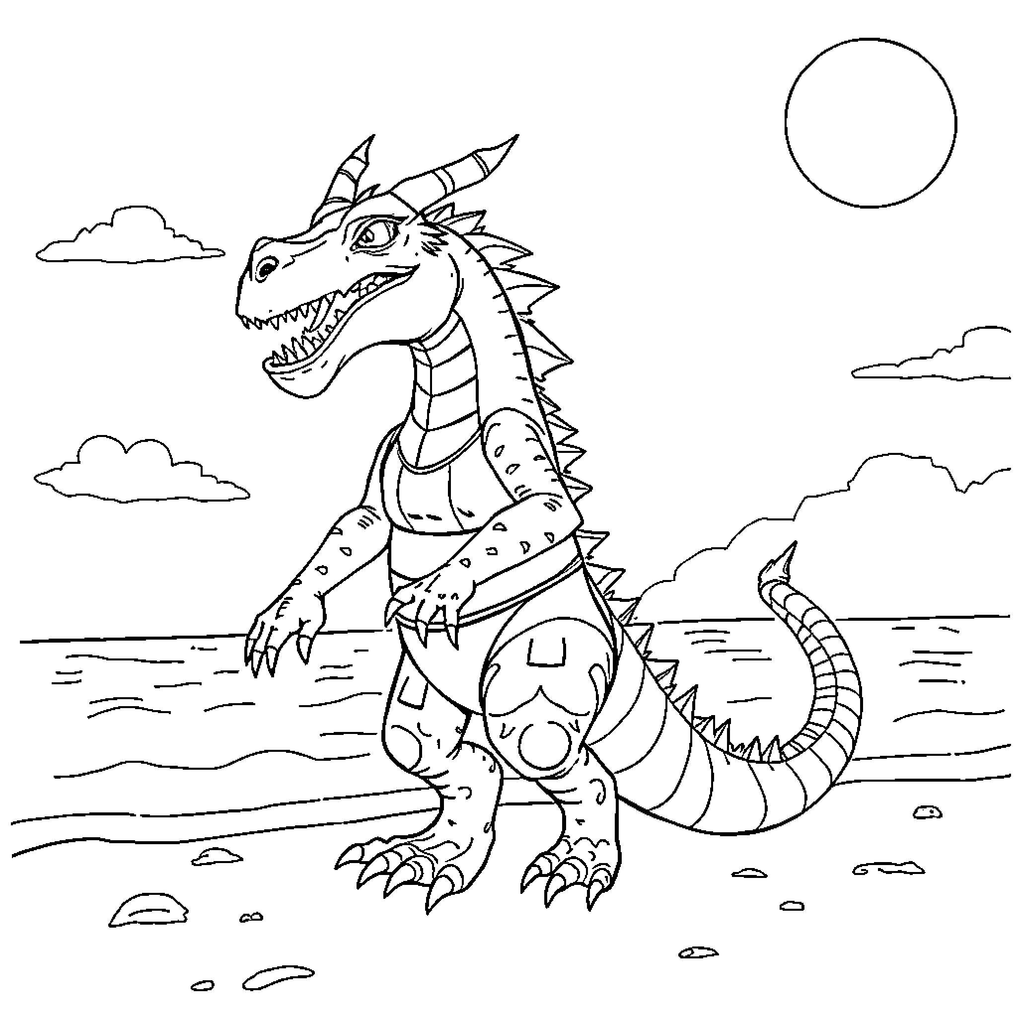 Demogorgon dragon in a serene landscape Coloring Page (free black-and-white line drawing printable PDF for all, from beginners to advanced learners, including children, teens, adults, and seniors)
