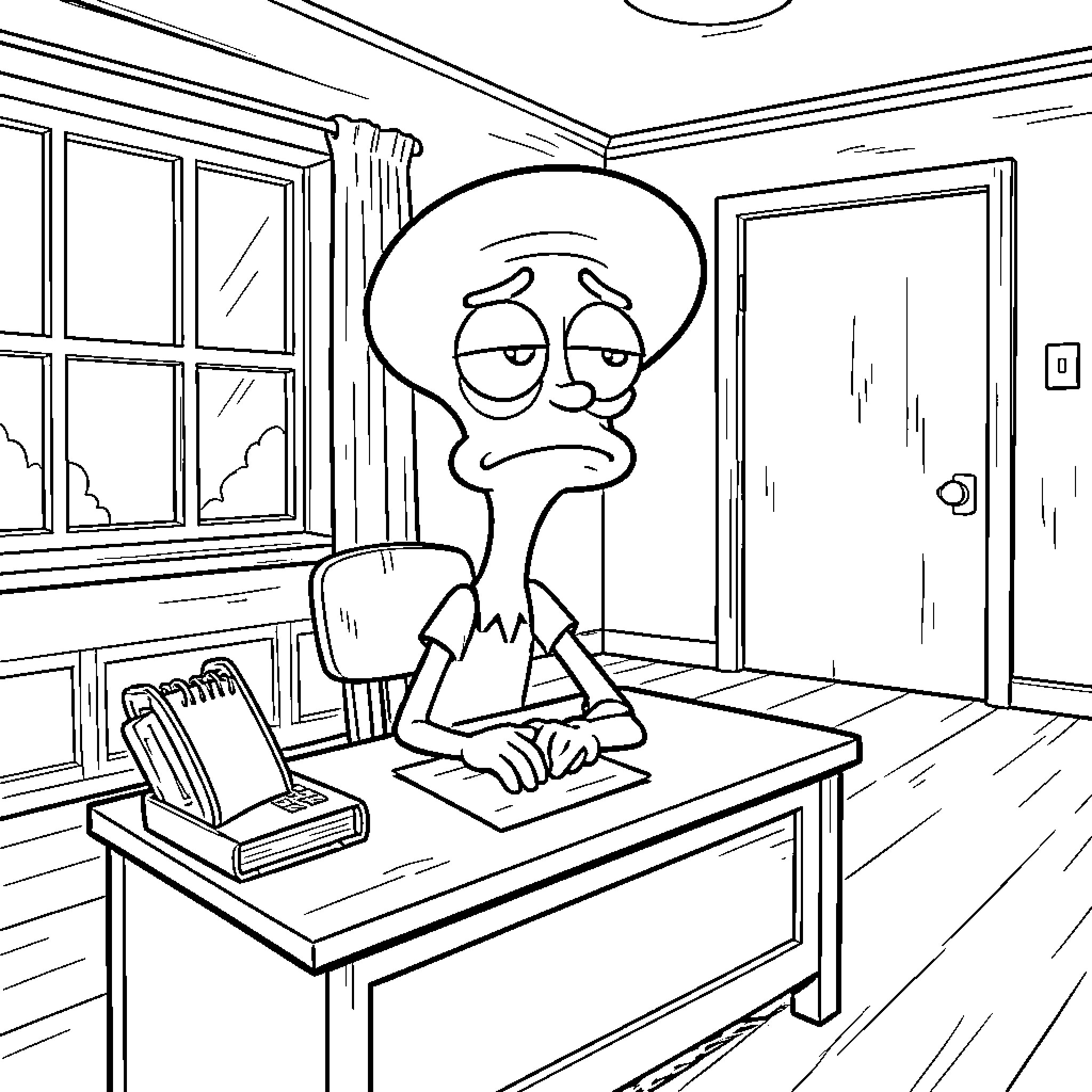Squidward sitting sadly at a desk in an office Coloring Page (free black-and-white line drawing printable PDF for all, from beginners to advanced learners, including children, teens, adults, and seniors)