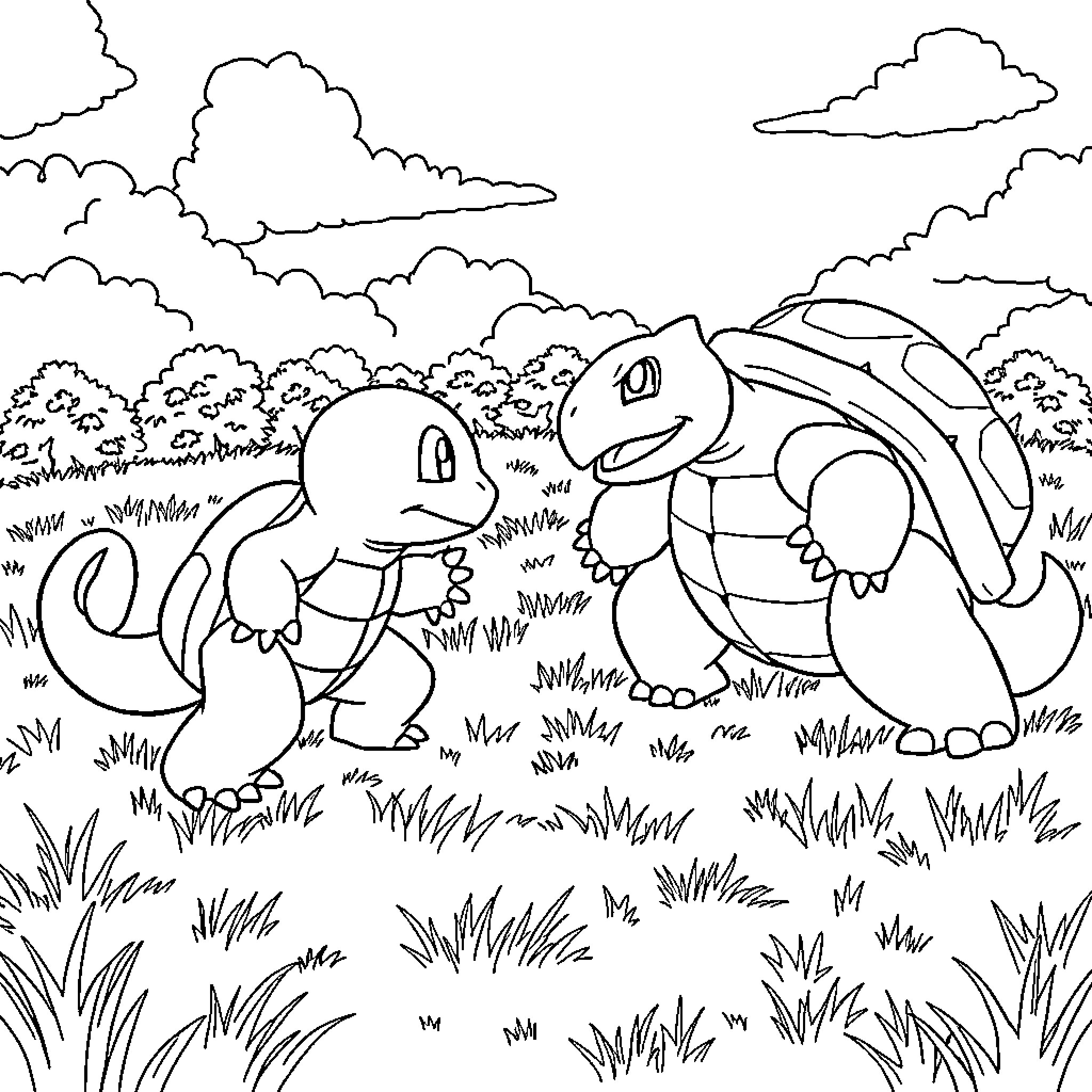 Pokémon playing together in a grassy field Coloring Page (free black-and-white line drawing printable PDF for all, from beginners to advanced learners, including children, teens, adults, and seniors)