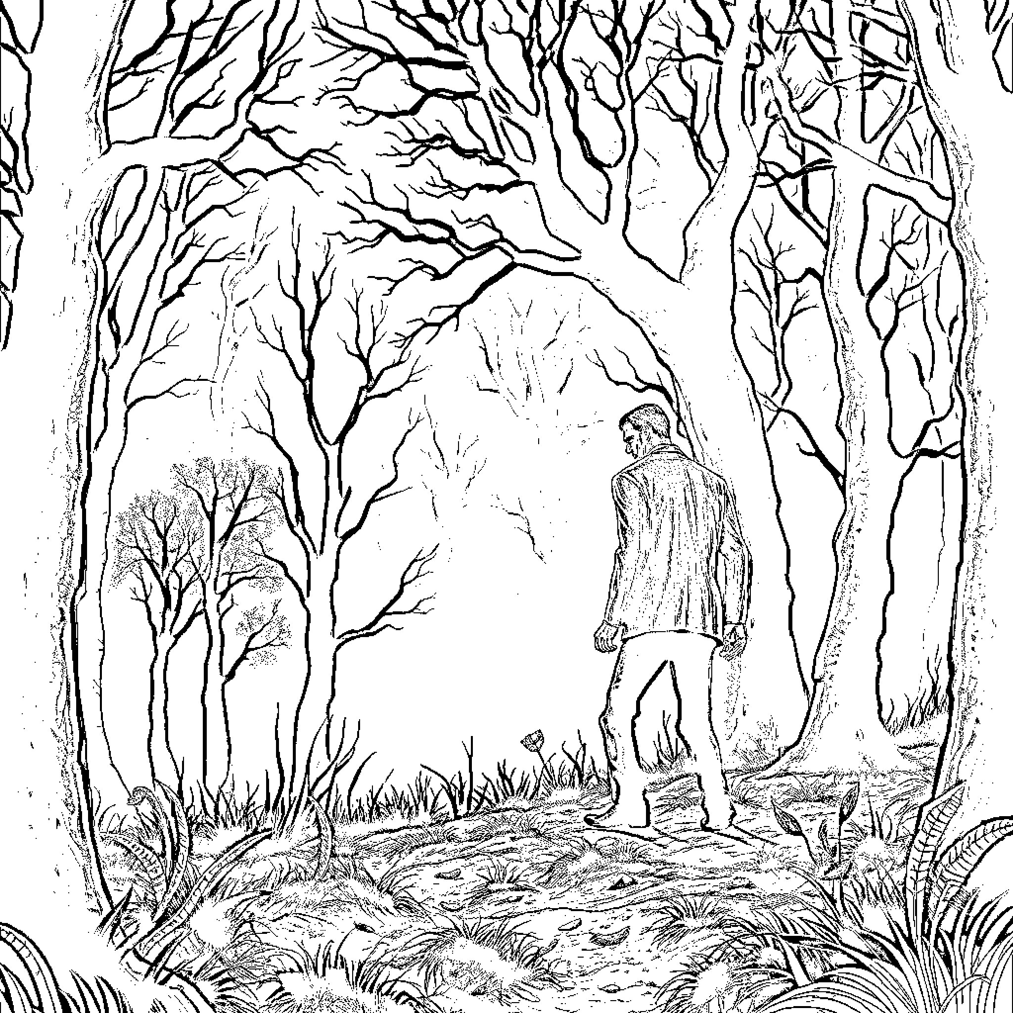 Frankenstein's Creature Wandering the Haunting Forest Coloring Page (free black-and-white line drawing printable PDF for all, from beginners to advanced learners, including children, teens, adults, and seniors)