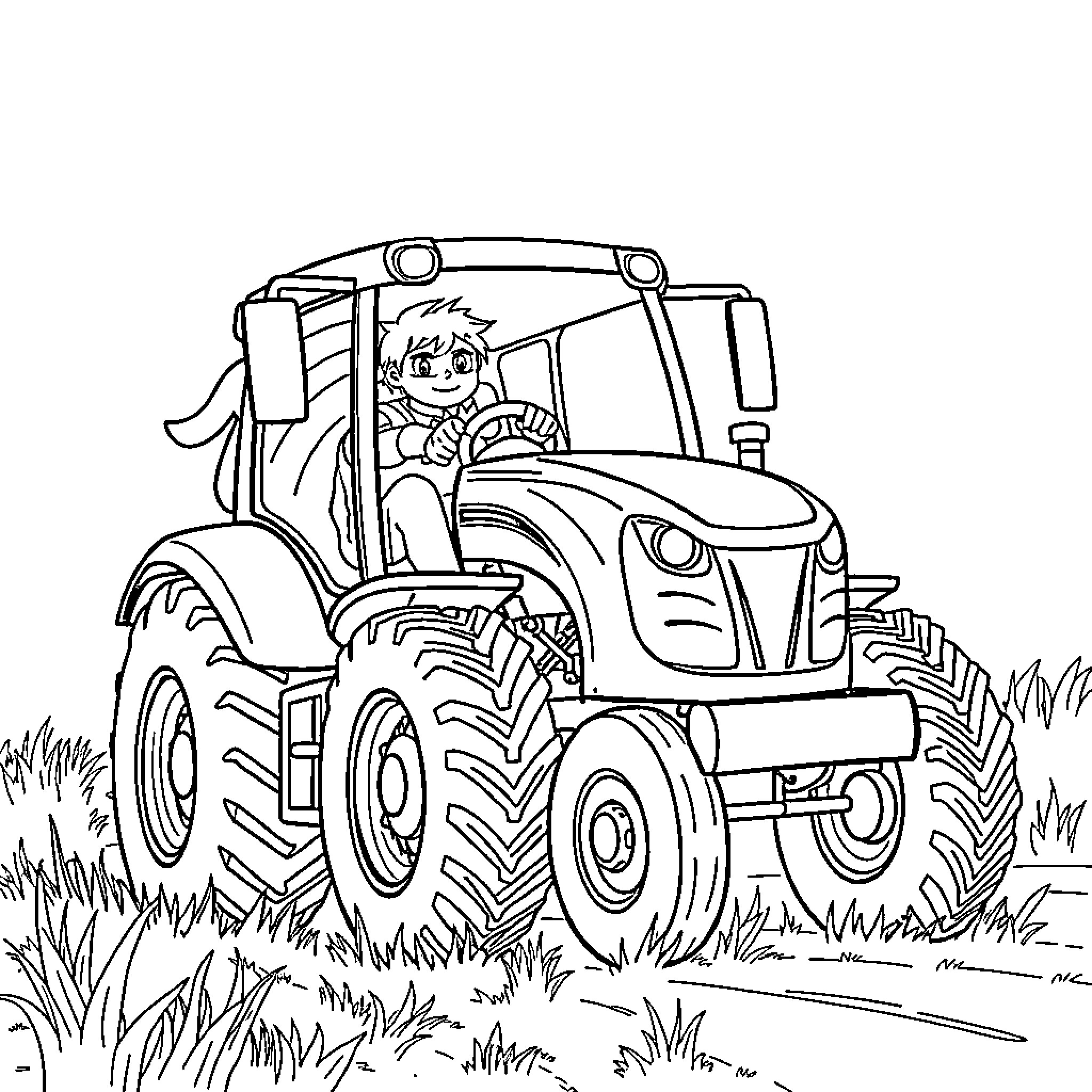 Superthings - Boy driving a tractor in the field Coloring Page (free black-and-white line drawing printable PDF for all, from beginners to advanced learners, including children, teens, adults, and seniors)