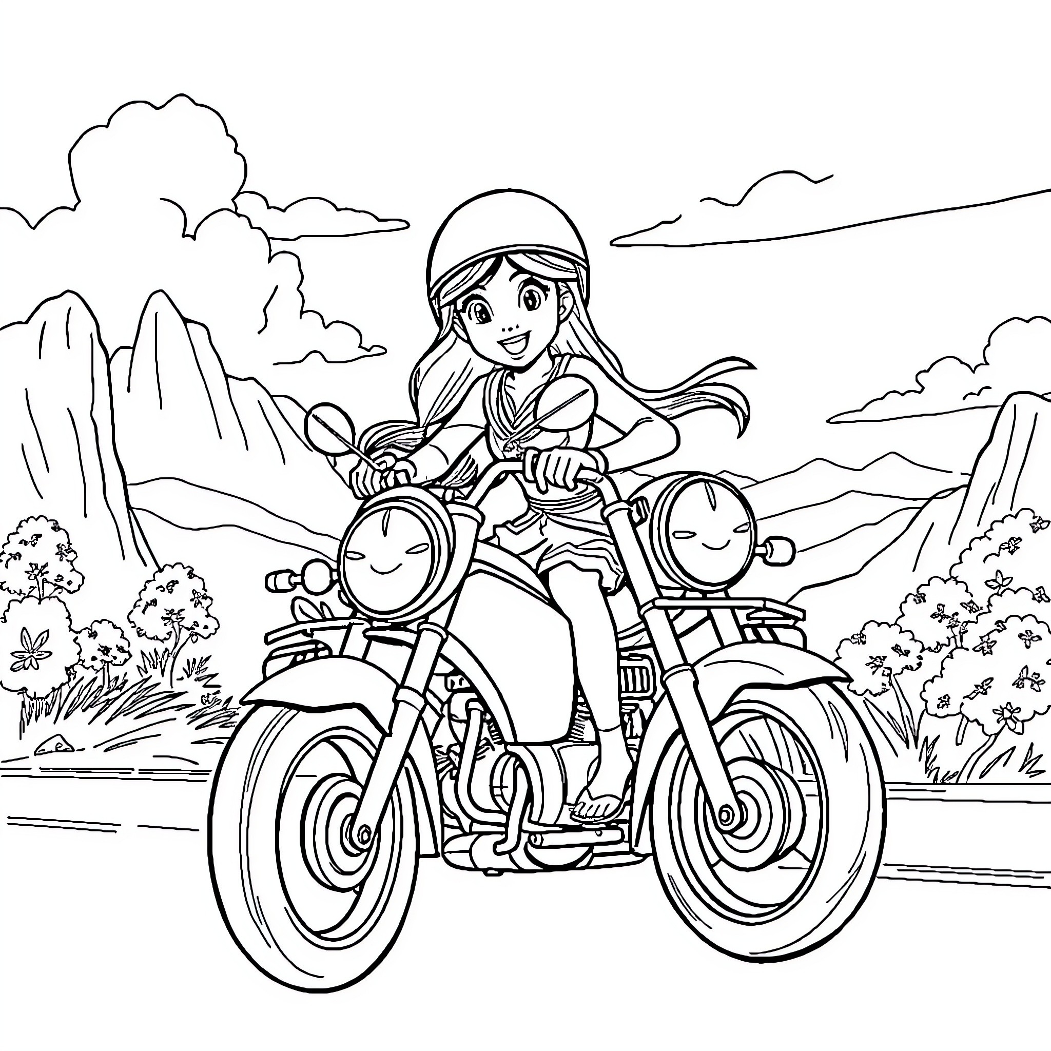 Mulan Riding a Motorcycle Through the Mountains Coloring Page (free black-and-white line drawing printable PDF for all, from beginners to advanced learners, including children, teens, adults, and seniors)