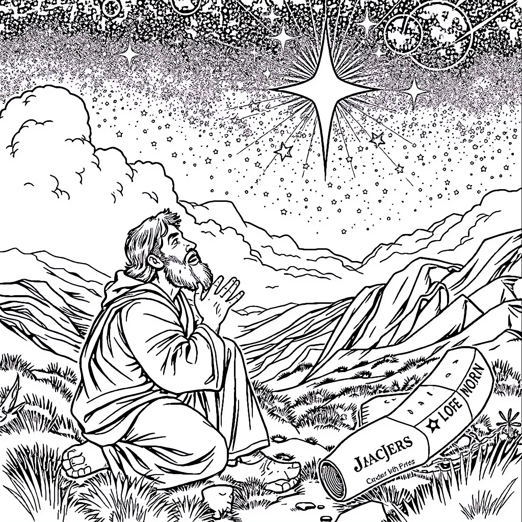 Jacob gazing at the starry night sky Coloring Page (free black-and-white line drawing printable PDF for all, from beginners to advanced learners, including children, teens, adults, and seniors)