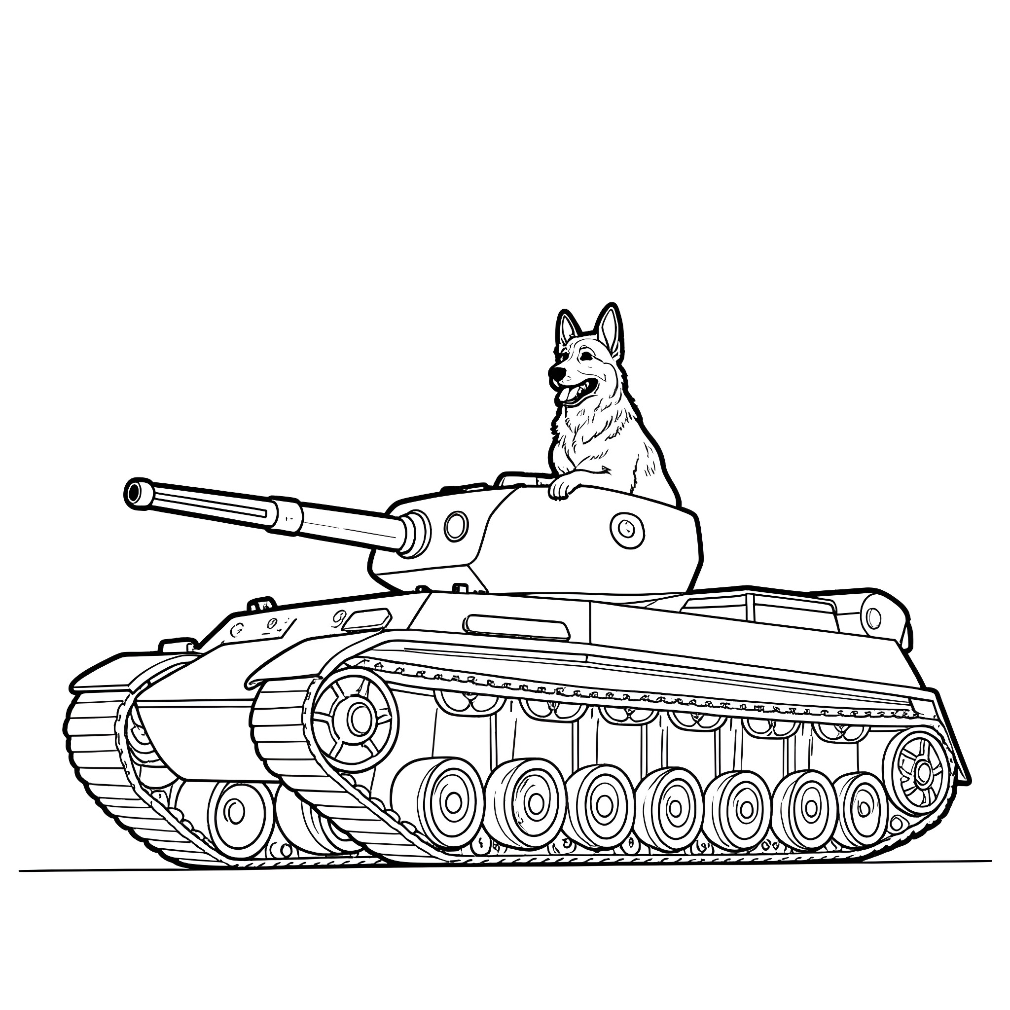 German Shepherd riding a tank Coloring Page (free black-and-white line drawing printable PDF for all, from beginners to advanced learners, including children, teens, adults, and seniors)