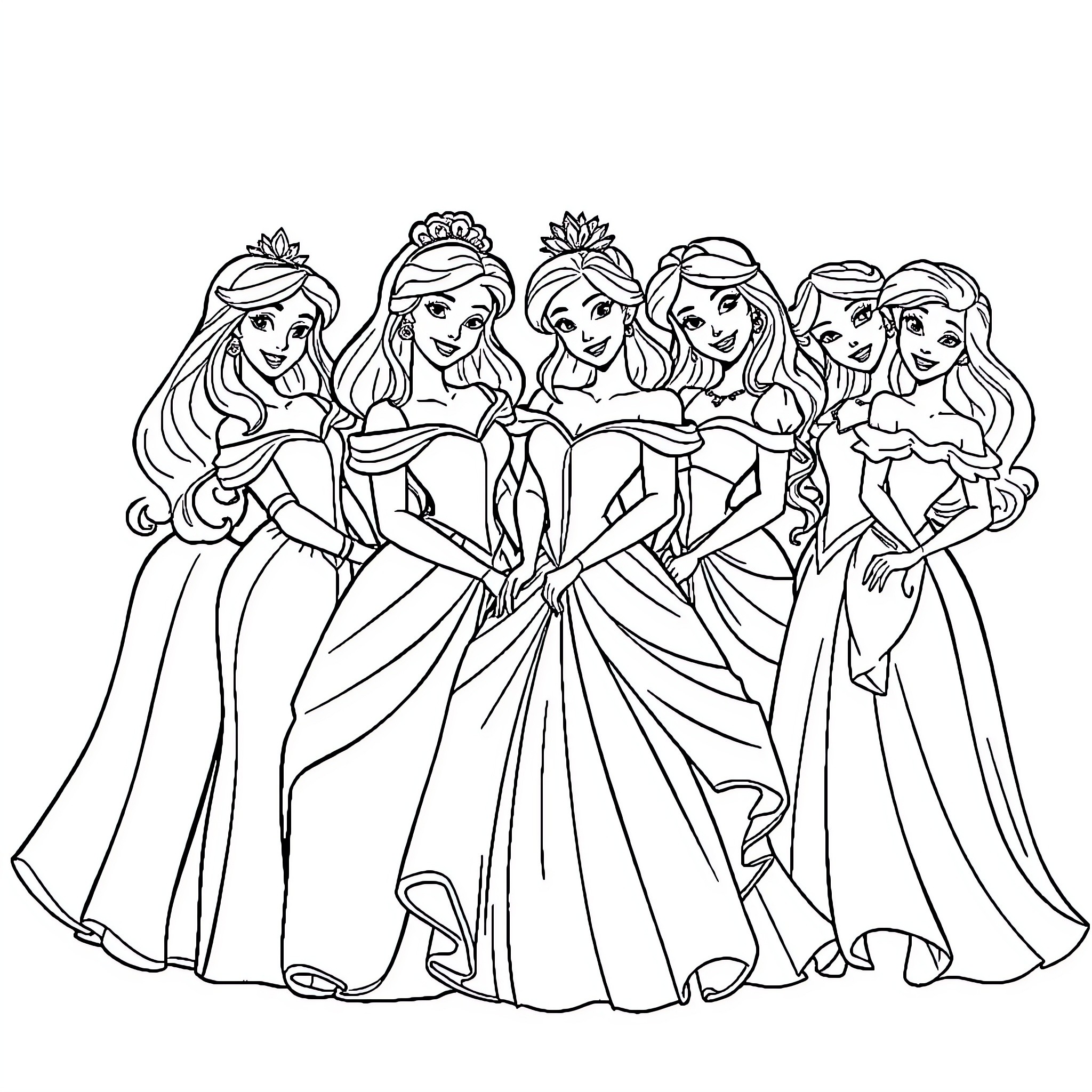 Disney Princesses in Elegant Ball Gowns Coloring Page (free black-and-white line drawing printable PDF for all, from beginners to advanced learners, including children, teens, adults, and seniors)