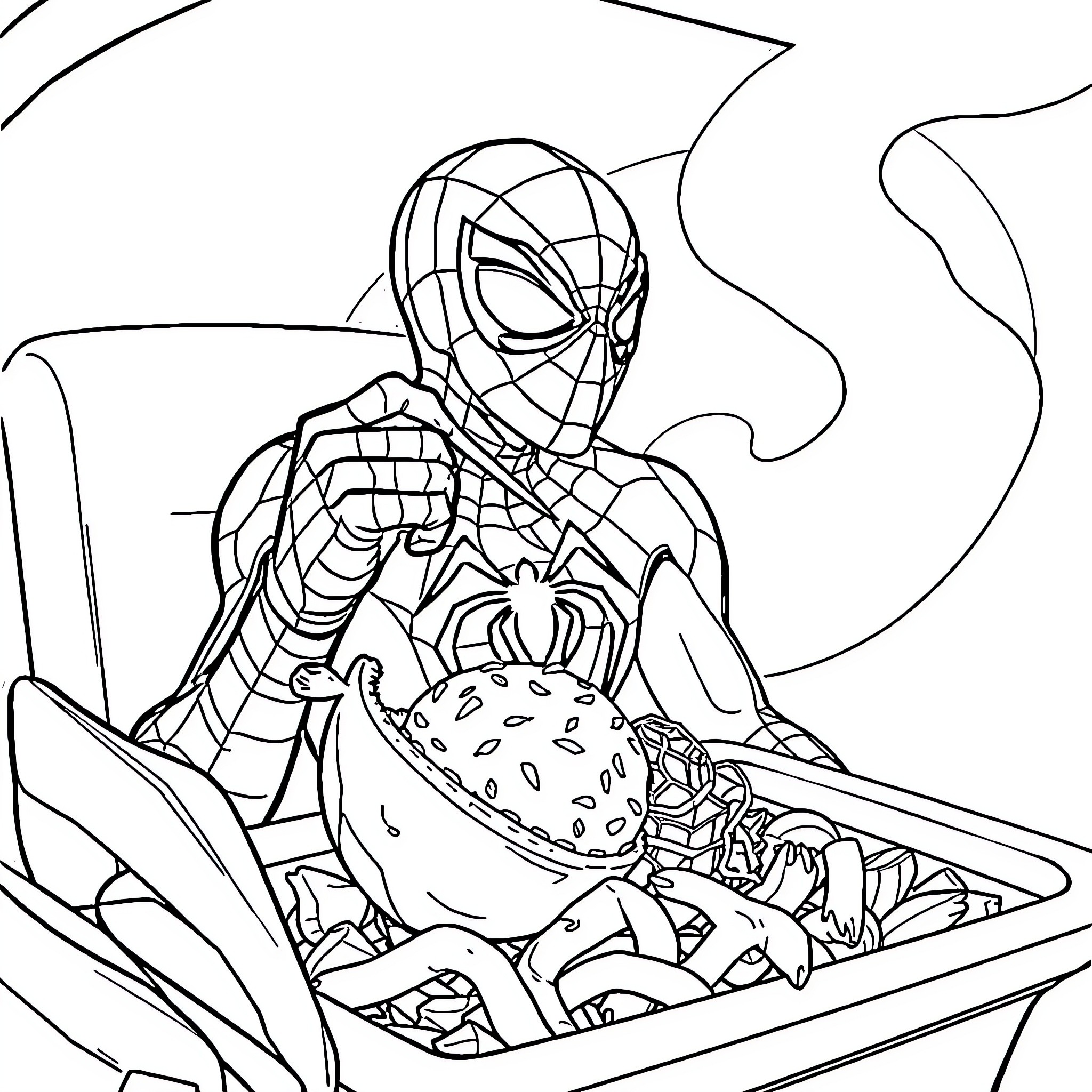 Spiderman enjoying a tasty snack Coloring Page (free black-and-white line drawing printable PDF for all, from beginners to advanced learners, including children, teens, adults, and seniors)