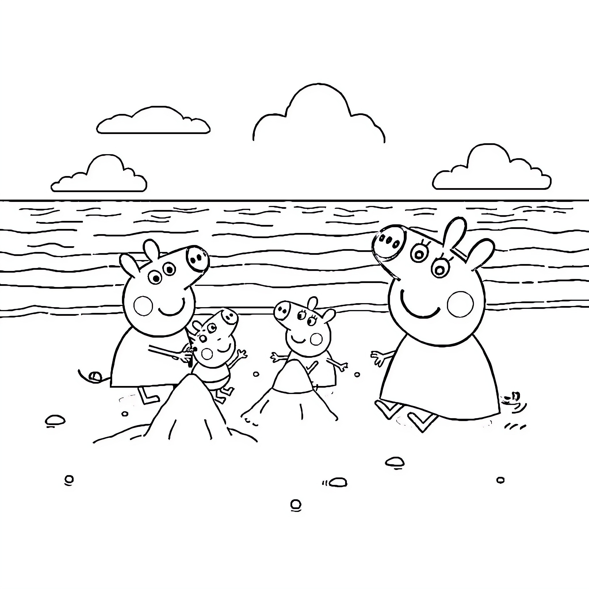 Peppa Pig family enjoying a day at the beach Coloring Page (free black-and-white line drawing printable PDF for all, from beginners to advanced learners, including children, teens, adults, and seniors)