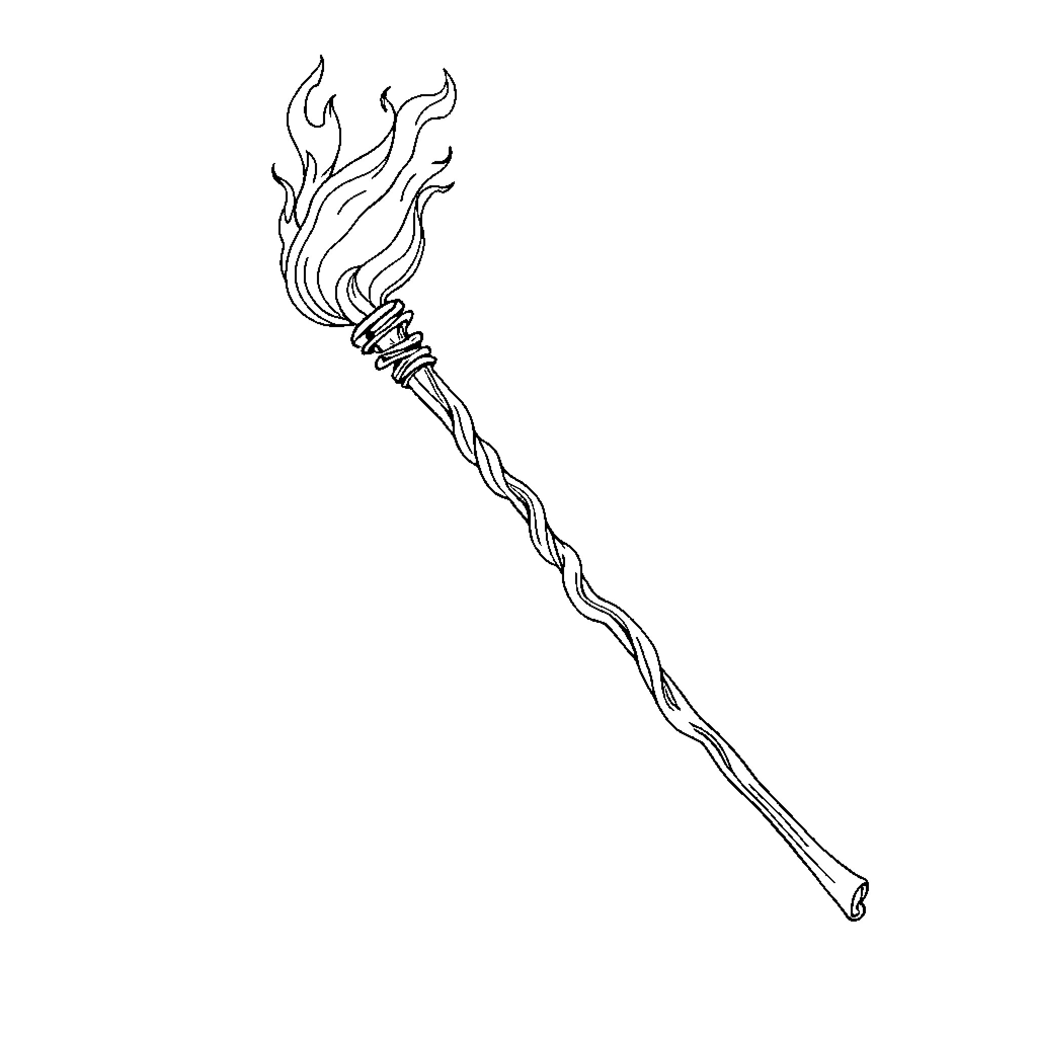 Staff with Flaming Torch Coloring Page (free black-and-white line drawing printable PDF for all, from beginners to advanced learners, including children, teens, adults, and seniors)
