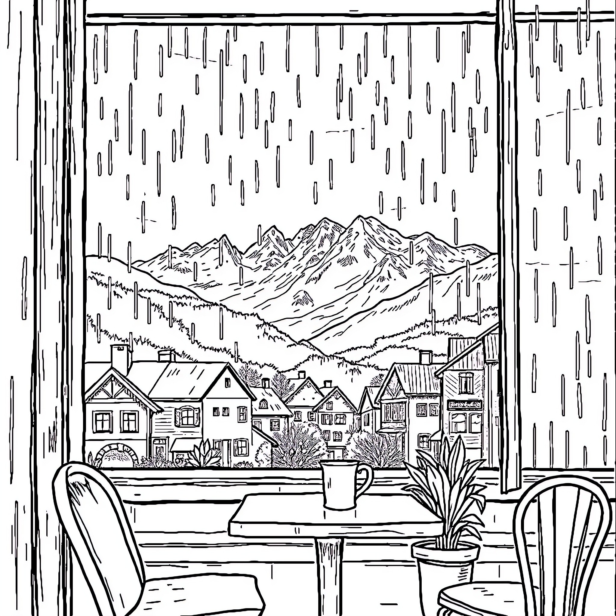 Mountain town scene with rainy weather Coloring Page (free black-and-white line drawing printable PDF for all, from beginners to advanced learners, including children, teens, adults, and seniors)