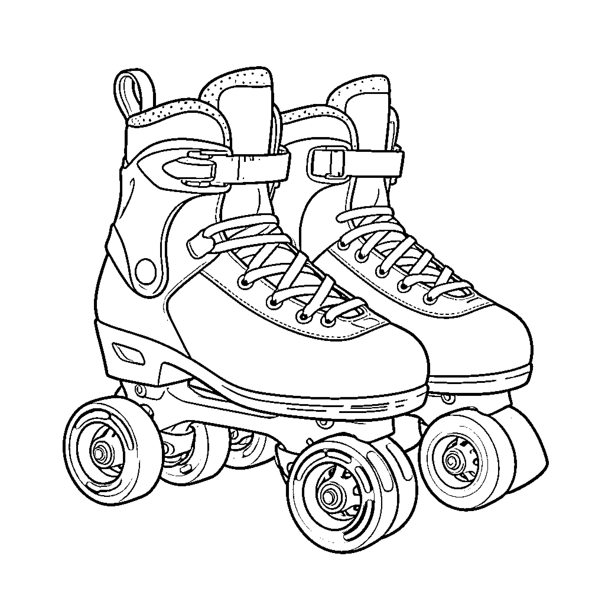 Roller Skate Pair with Laced Boots and Wheels Coloring Page (free black-and-white line drawing printable PDF for all, from beginners to advanced learners, including children, teens, adults, and seniors)