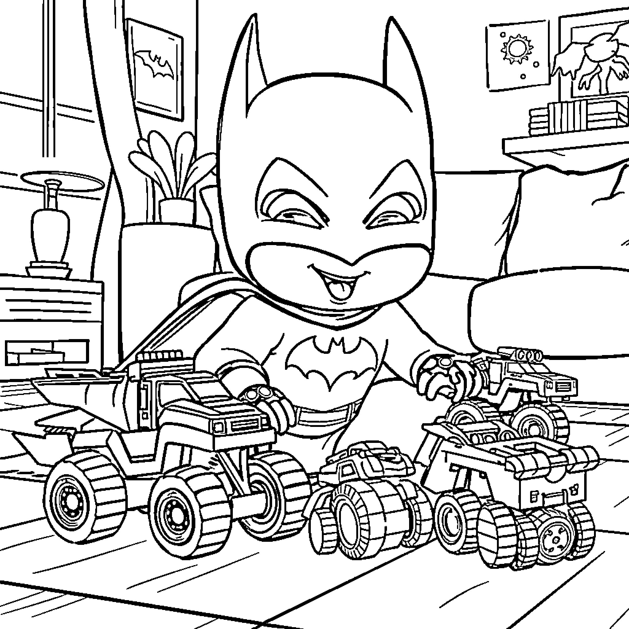 Labubu's Playful Monster Truck Adventure Coloring Page (free black-and-white line drawing printable PDF for all, from beginners to advanced learners, including children, teens, adults, and seniors)