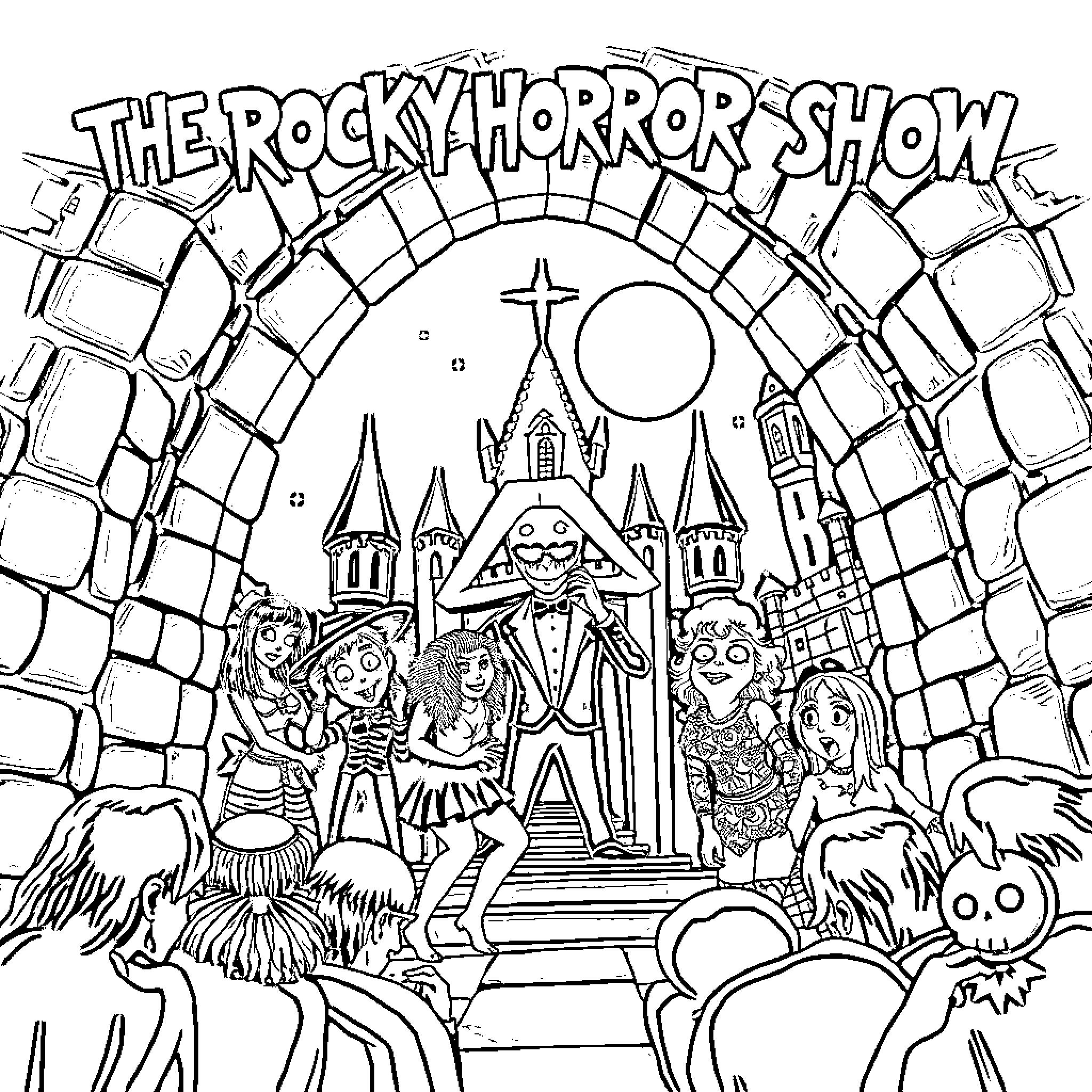 Rocky Horror Picture Show: Eccentric Characters and Theatrical Scene Coloring Page (free black-and-white line drawing printable PDF for all, from beginners to advanced learners, including children, teens, adults, and seniors)