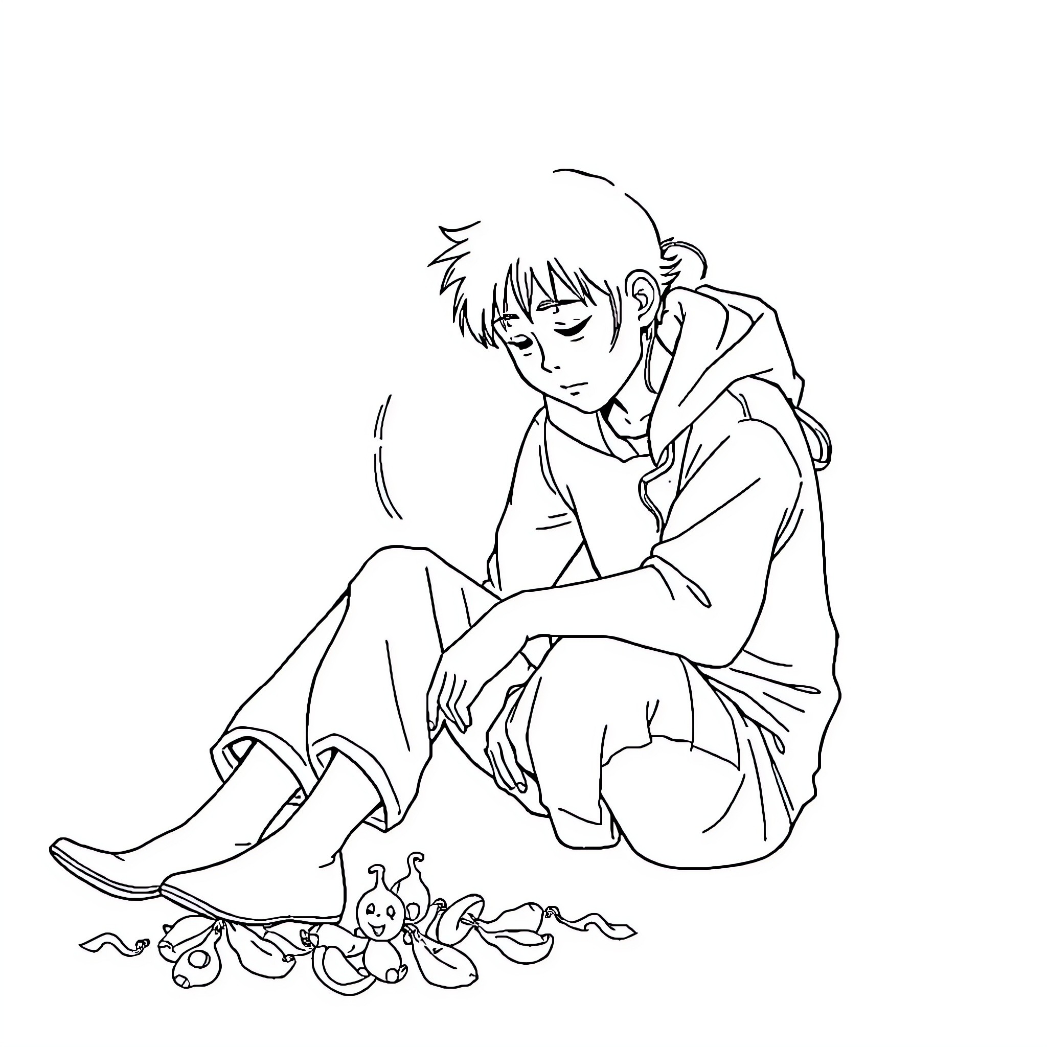 Asian boy sitting pensively with toys Coloring Page (free black-and-white line drawing printable PDF for all, from beginners to advanced learners, including children, teens, adults, and seniors)
