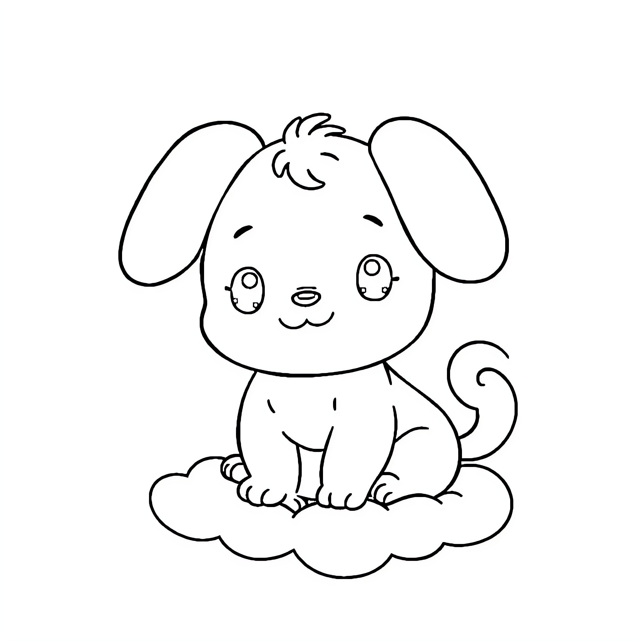 Cinnamoroll sitting happily on a cloud Coloring Page (free black-and-white line drawing printable PDF for all, from beginners to advanced learners, including children, teens, adults, and seniors)