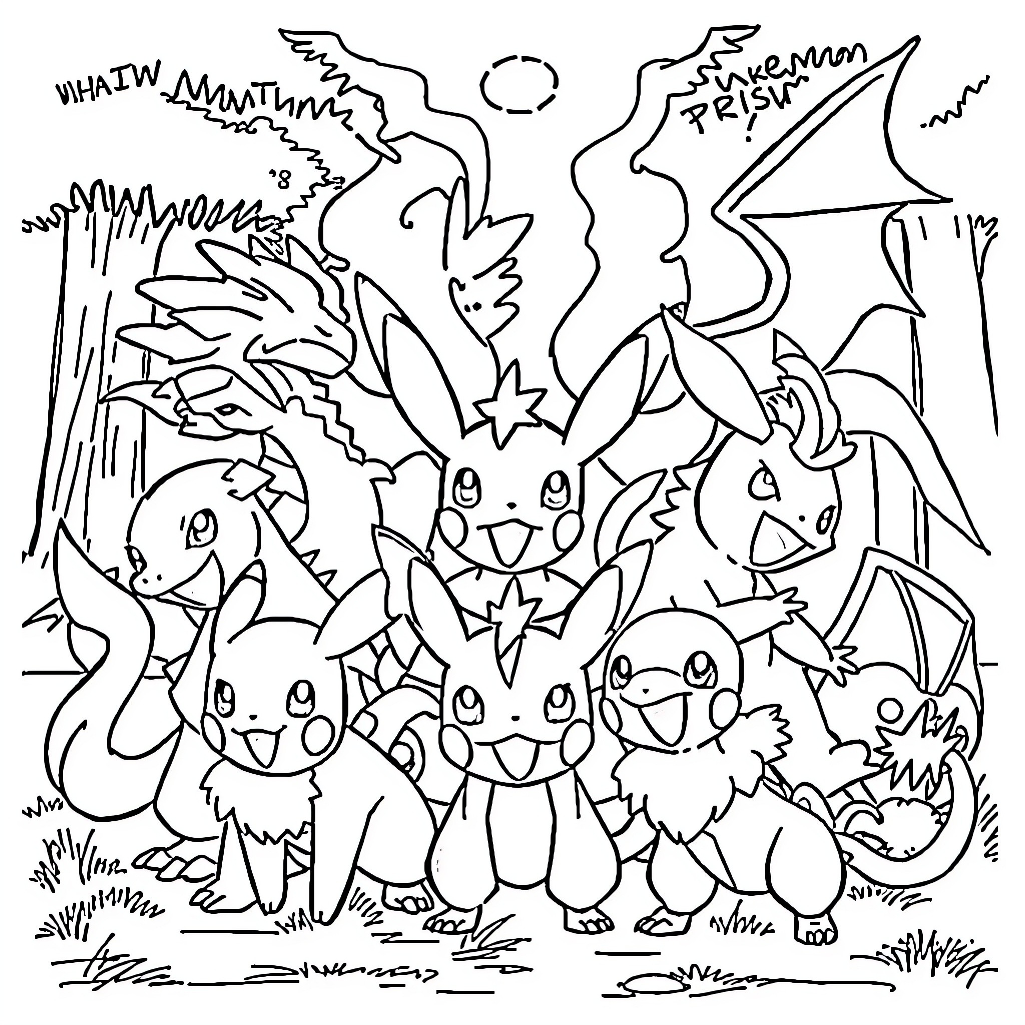 Pokémon characters in an illustrated forest scene Coloring Page (free black-and-white line drawing printable PDF for all, from beginners to advanced learners, including children, teens, adults, and seniors)