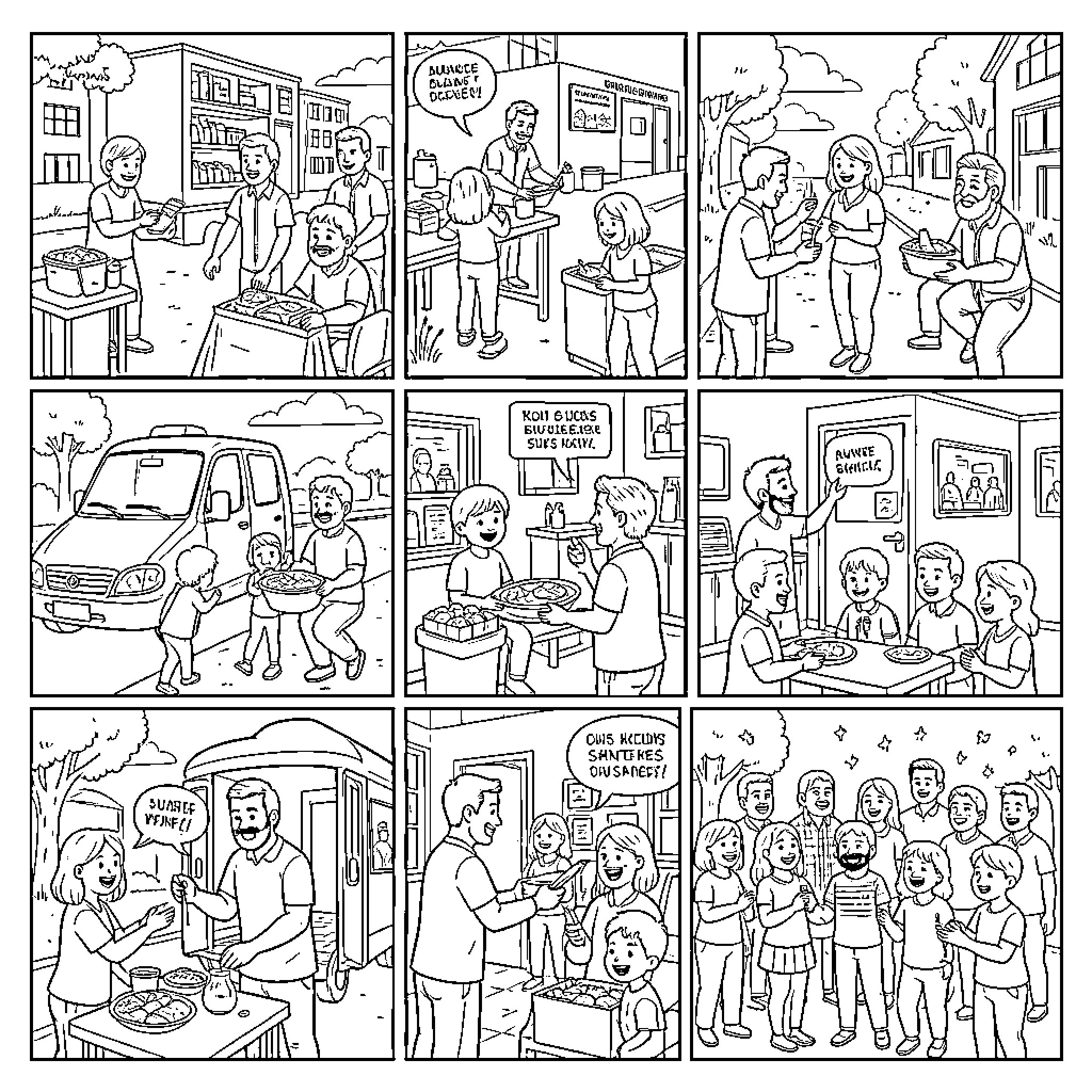 Community members sharing food and helping each other Coloring Page (free black-and-white line drawing printable PDF for all, from beginners to advanced learners, including children, teens, adults, and seniors)
