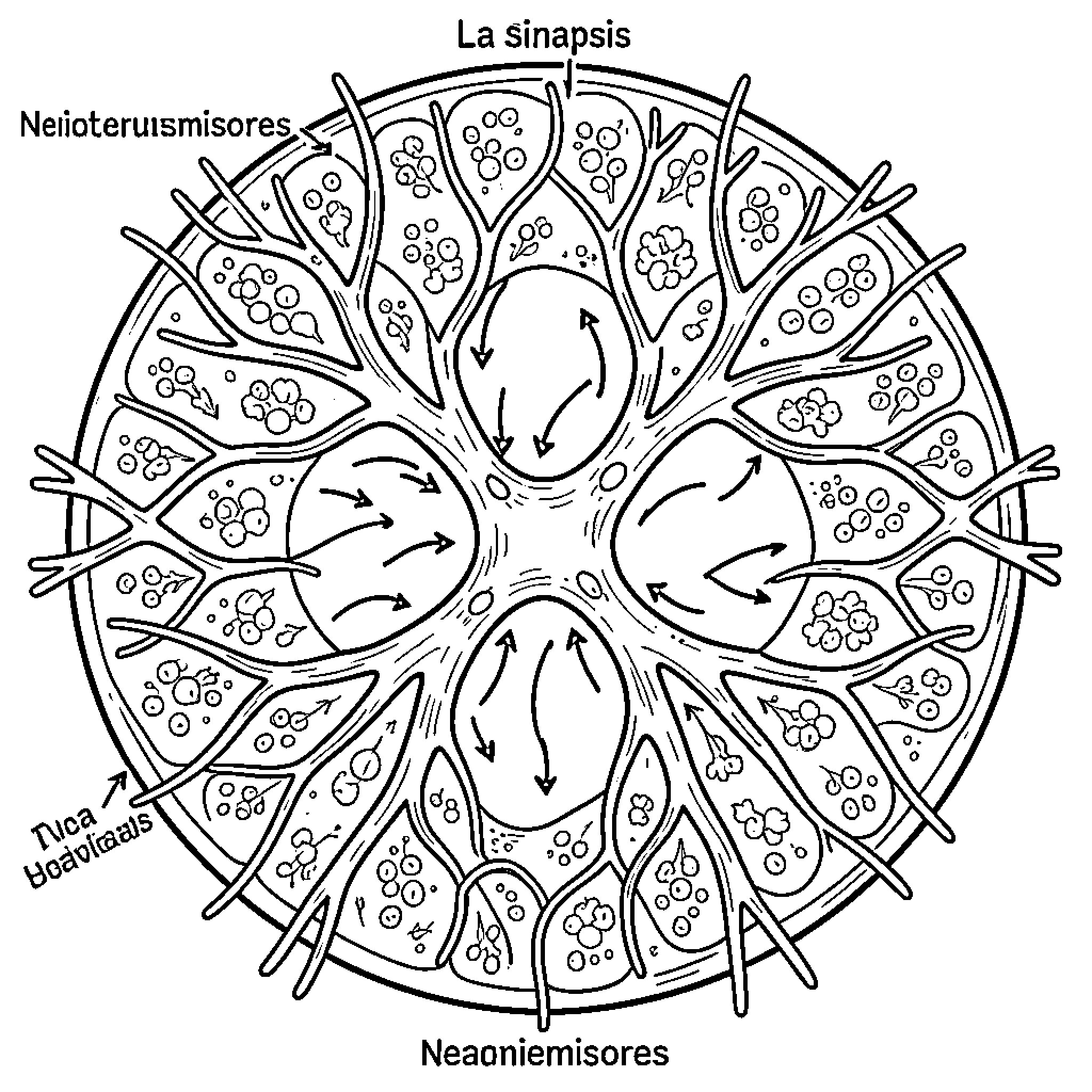 Neurotransmitter Network Diagram Coloring Page (free black-and-white line drawing printable PDF for all, from beginners to advanced learners, including children, teens, adults, and seniors)