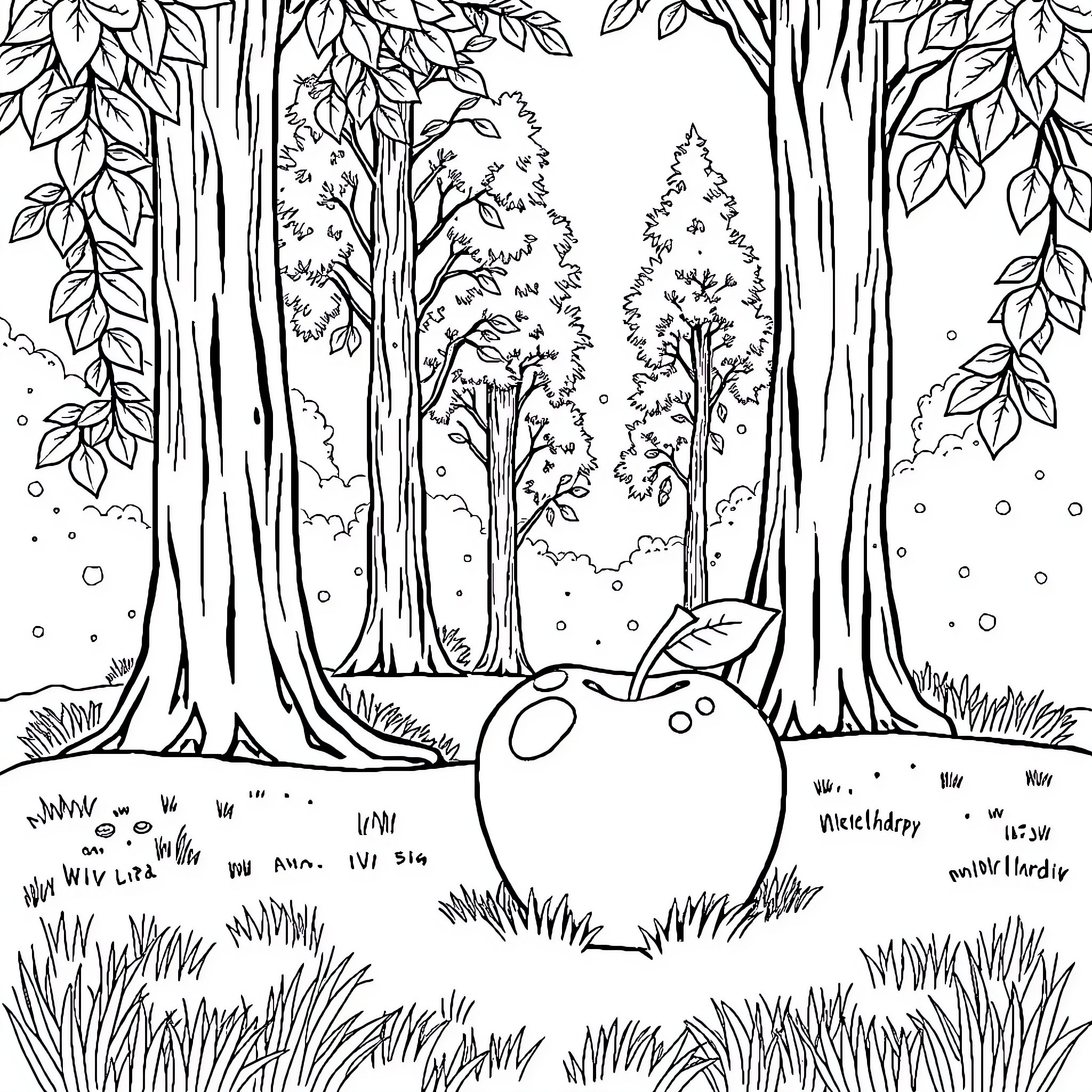 Apple Coloring Book Scene with Trees and Grass Coloring Page (free black-and-white line drawing printable PDF for all, from beginners to advanced learners, including children, teens, adults, and seniors)