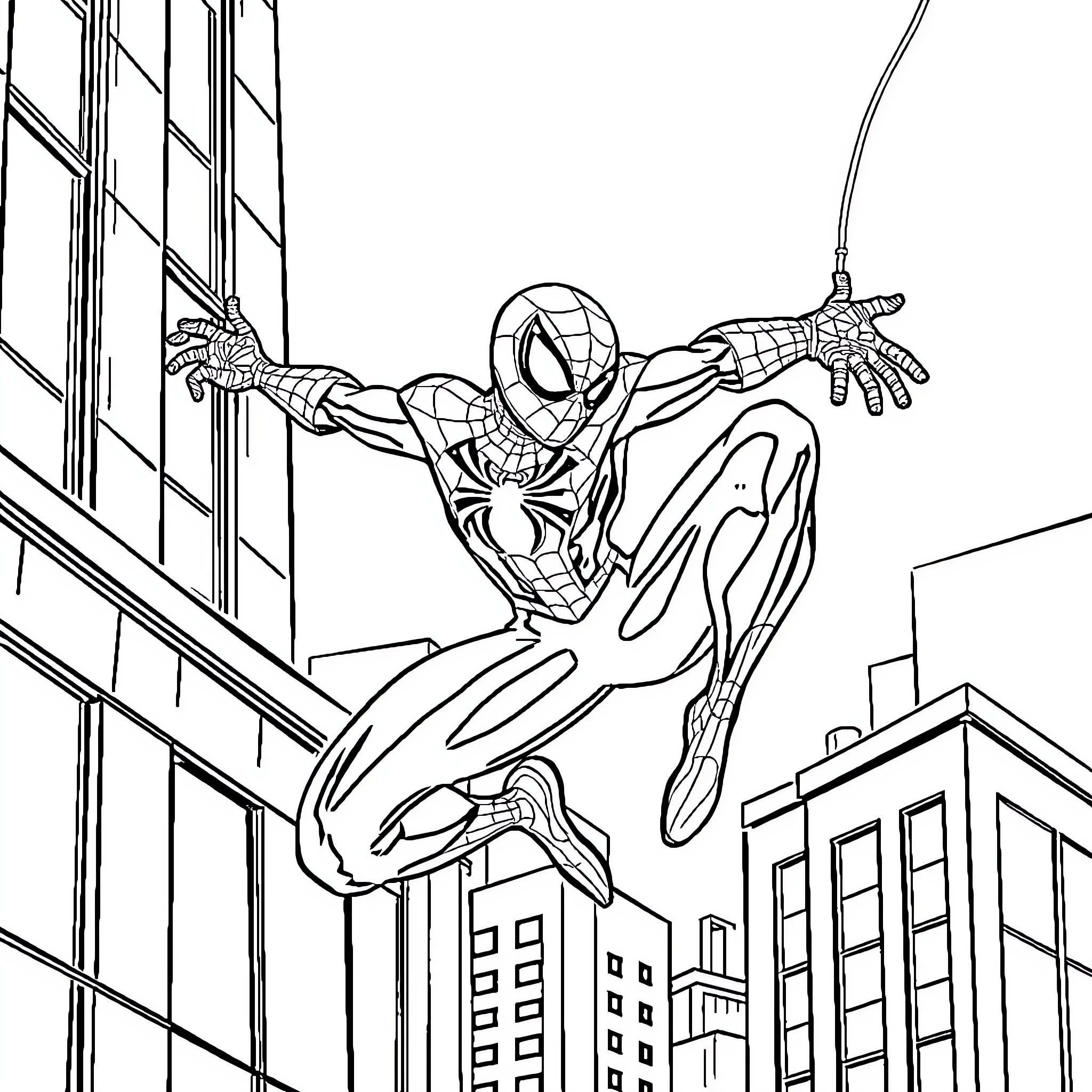 Spider-Man swinging through the city skyline Coloring Page (free black-and-white line drawing printable PDF for all, from beginners to advanced learners, including children, teens, adults, and seniors)