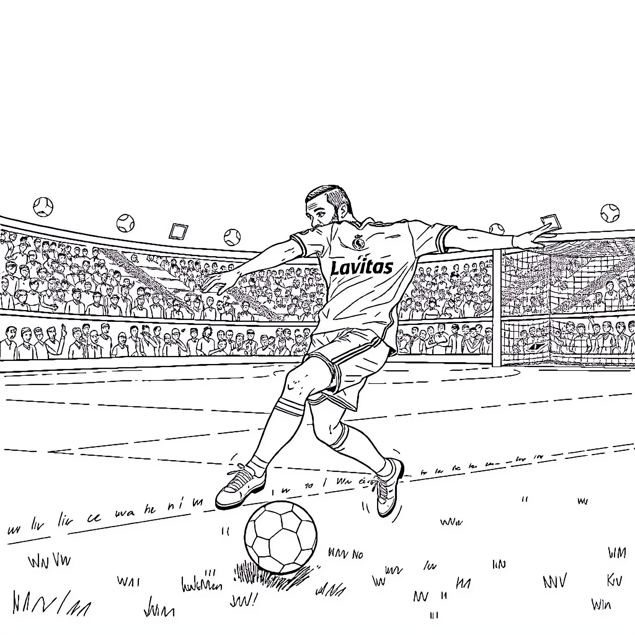Futbolista in action on the field Coloring Page (free black-and-white line drawing printable PDF for all, from beginners to advanced learners, including children, teens, adults, and seniors)
