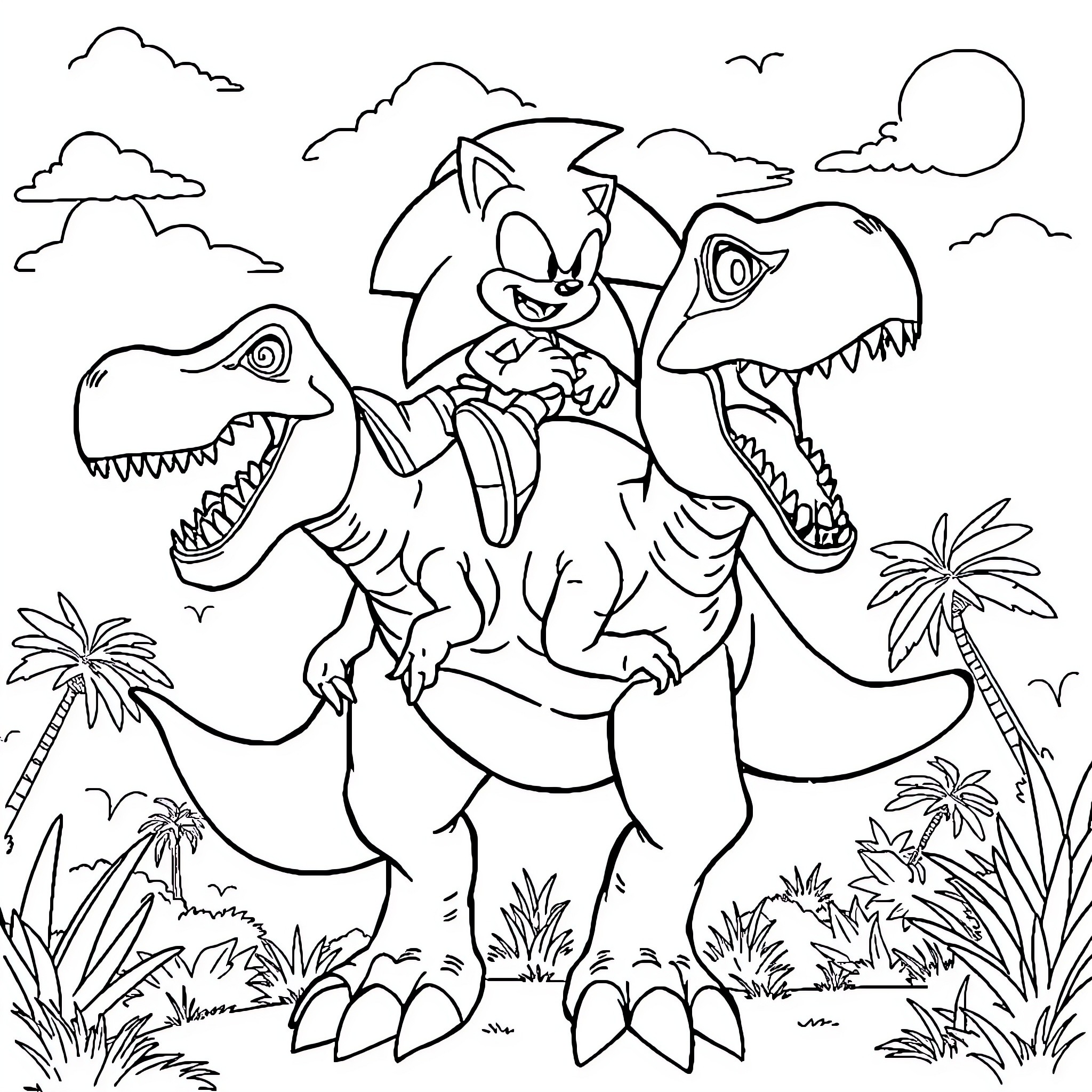 Sonic's Prehistoric Adventure with Dinosaurs Coloring Page (free black-and-white line drawing printable PDF for all, from beginners to advanced learners, including children, teens, adults, and seniors)