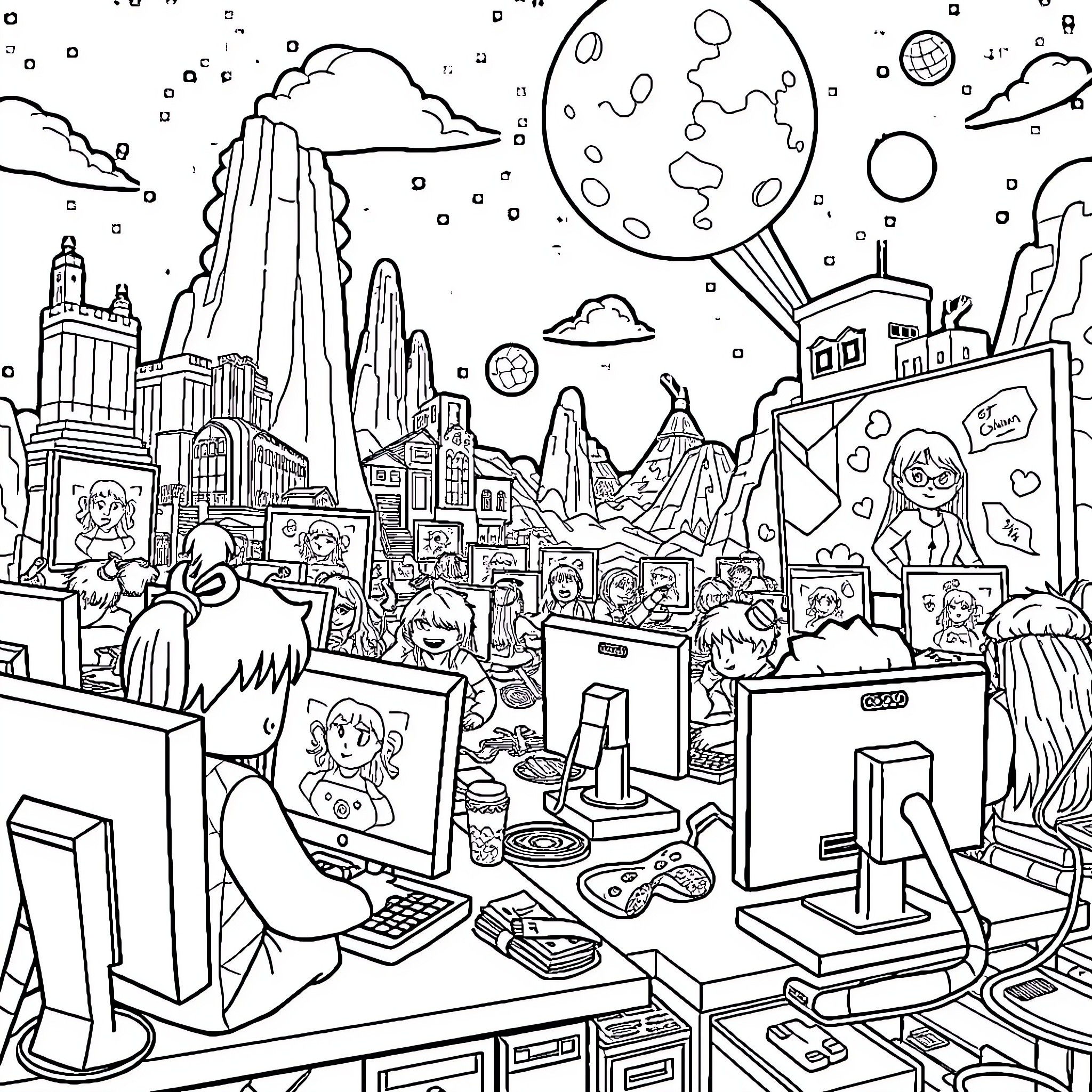 Roblox: Vibrant Virtual World with Diverse Avatars Coloring Page (free black-and-white line drawing printable PDF for all, from beginners to advanced learners, including children, teens, adults, and seniors)