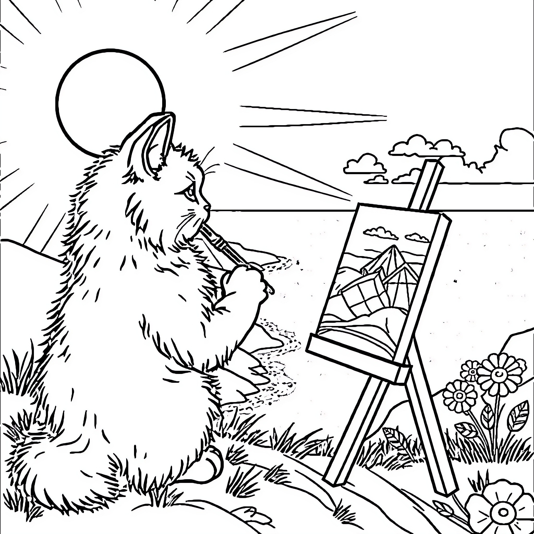 Cat painting in an outdoor scene Coloring Page (free black-and-white line drawing printable PDF for all, from beginners to advanced learners, including children, teens, adults, and seniors)
