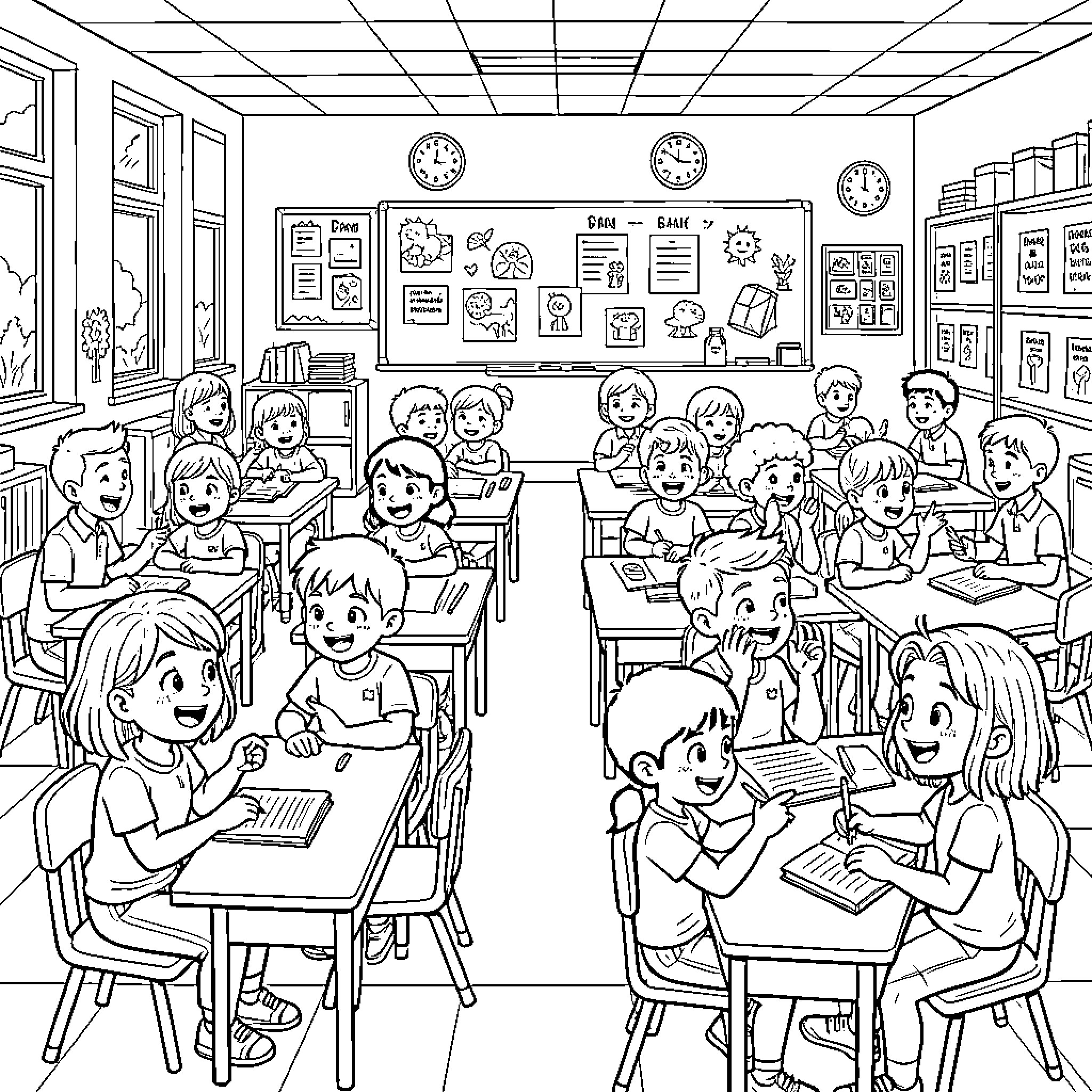 Class of students sitting at desks studying together Coloring Page (free black-and-white line drawing printable PDF for all, from beginners to advanced learners, including children, teens, adults, and seniors)