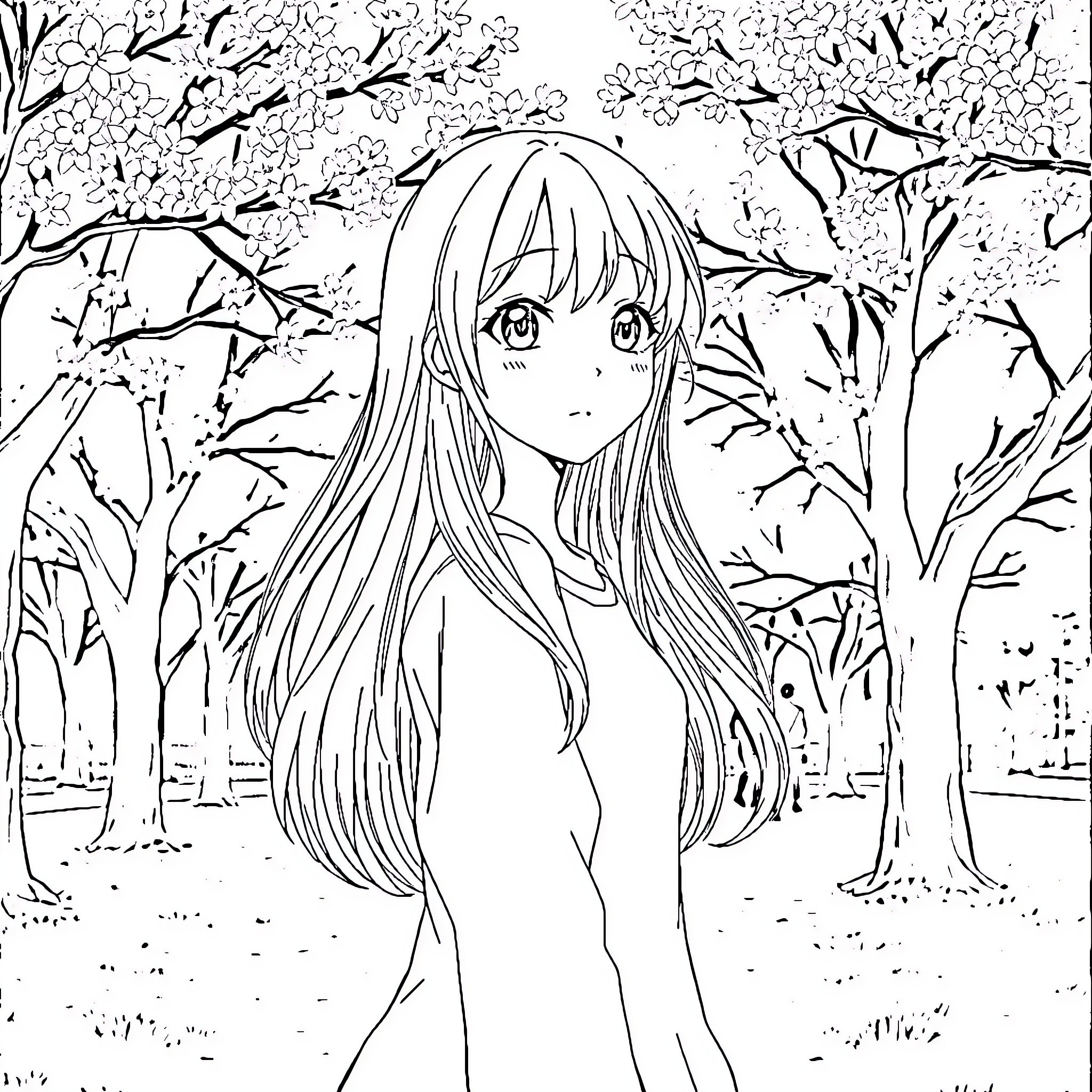 Mizuki Akiyama enjoying the serene nature Coloring Page (free black-and-white line drawing printable PDF for all, from beginners to advanced learners, including children, teens, adults, and seniors)