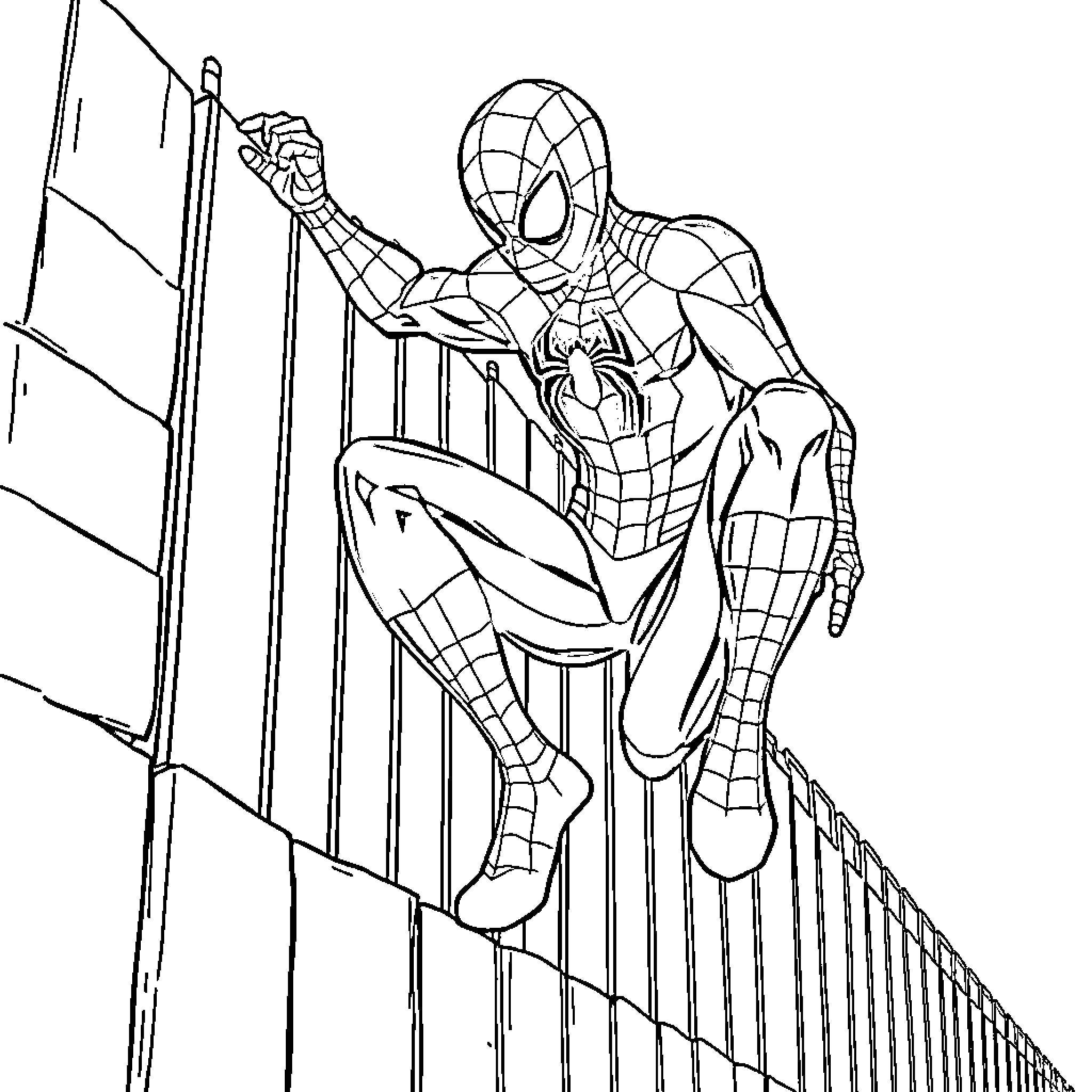 Spider-Man swinging across the city on his web Coloring Page (free black-and-white line drawing printable PDF for all, from beginners to advanced learners, including children, teens, adults, and seniors)