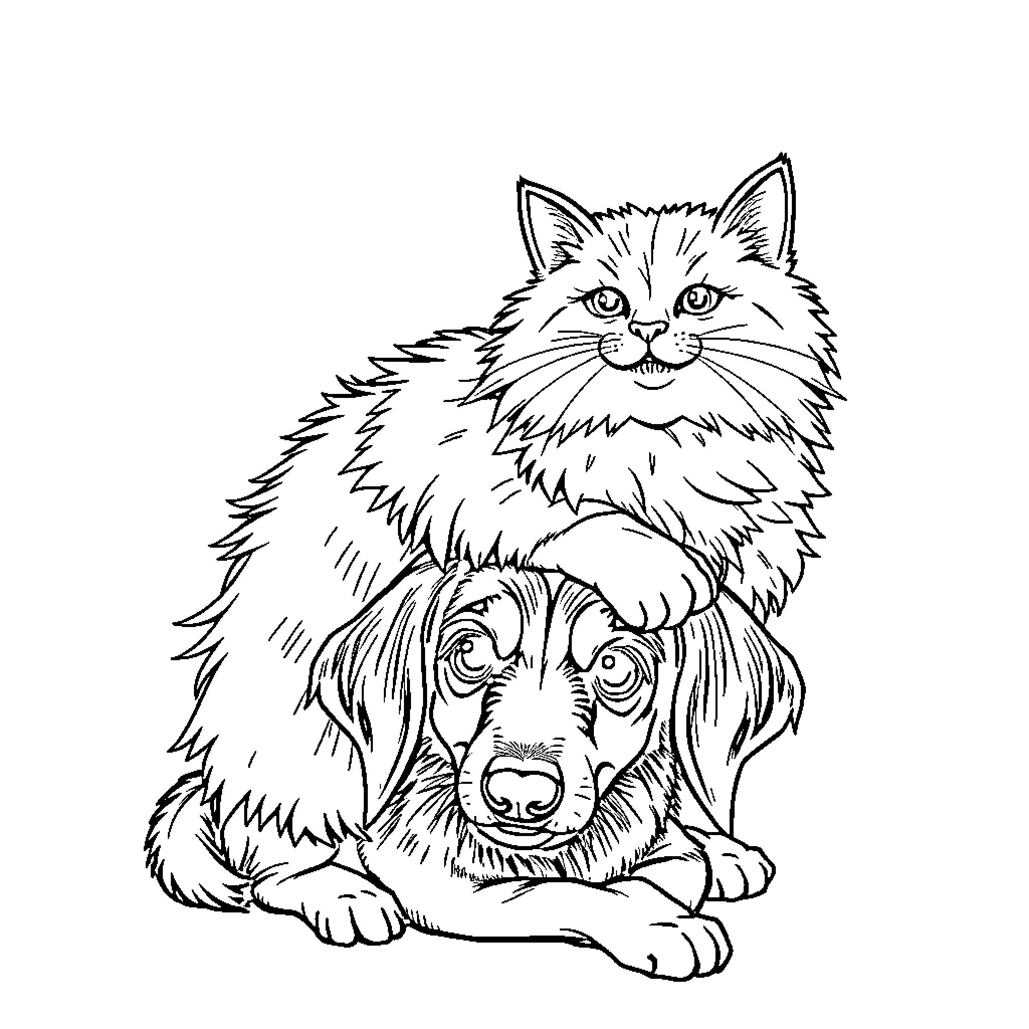 Cat and dog sitting together Coloring Page (free black-and-white line drawing printable PDF for all, from beginners to advanced learners, including children, teens, adults, and seniors)