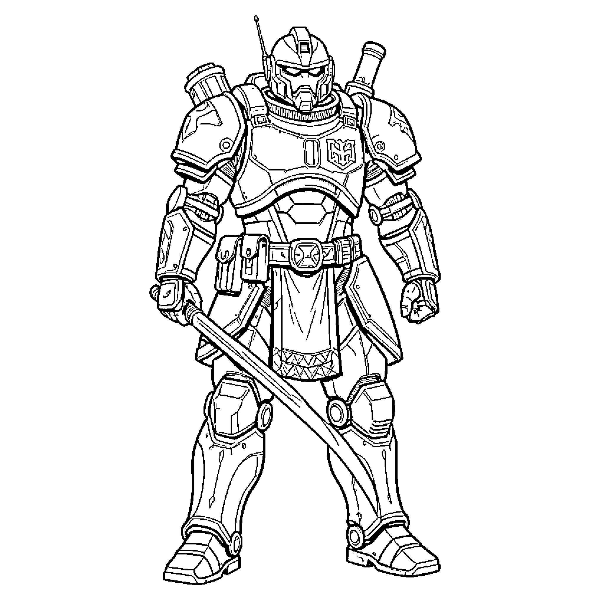 Noble 6 in Futuristic Armored Gear Coloring Page (free black-and-white line drawing printable PDF for all, from beginners to advanced learners, including children, teens, adults, and seniors)