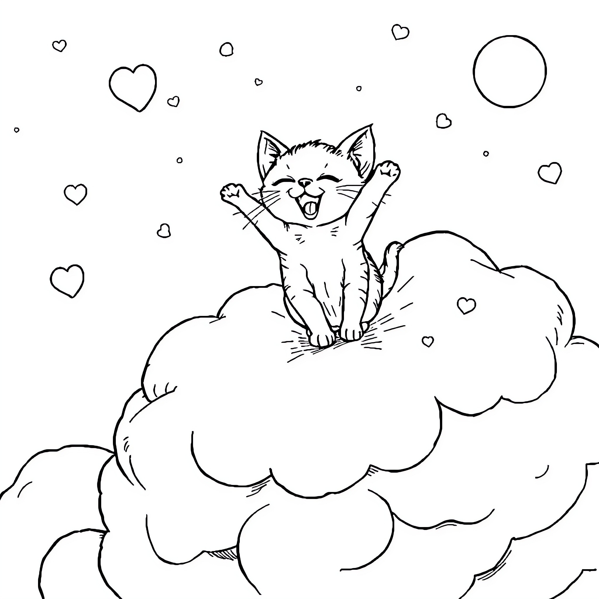Cat joyfully playing on a cloud Coloring Page (free black-and-white line drawing printable PDF for all, from beginners to advanced learners, including children, teens, adults, and seniors)