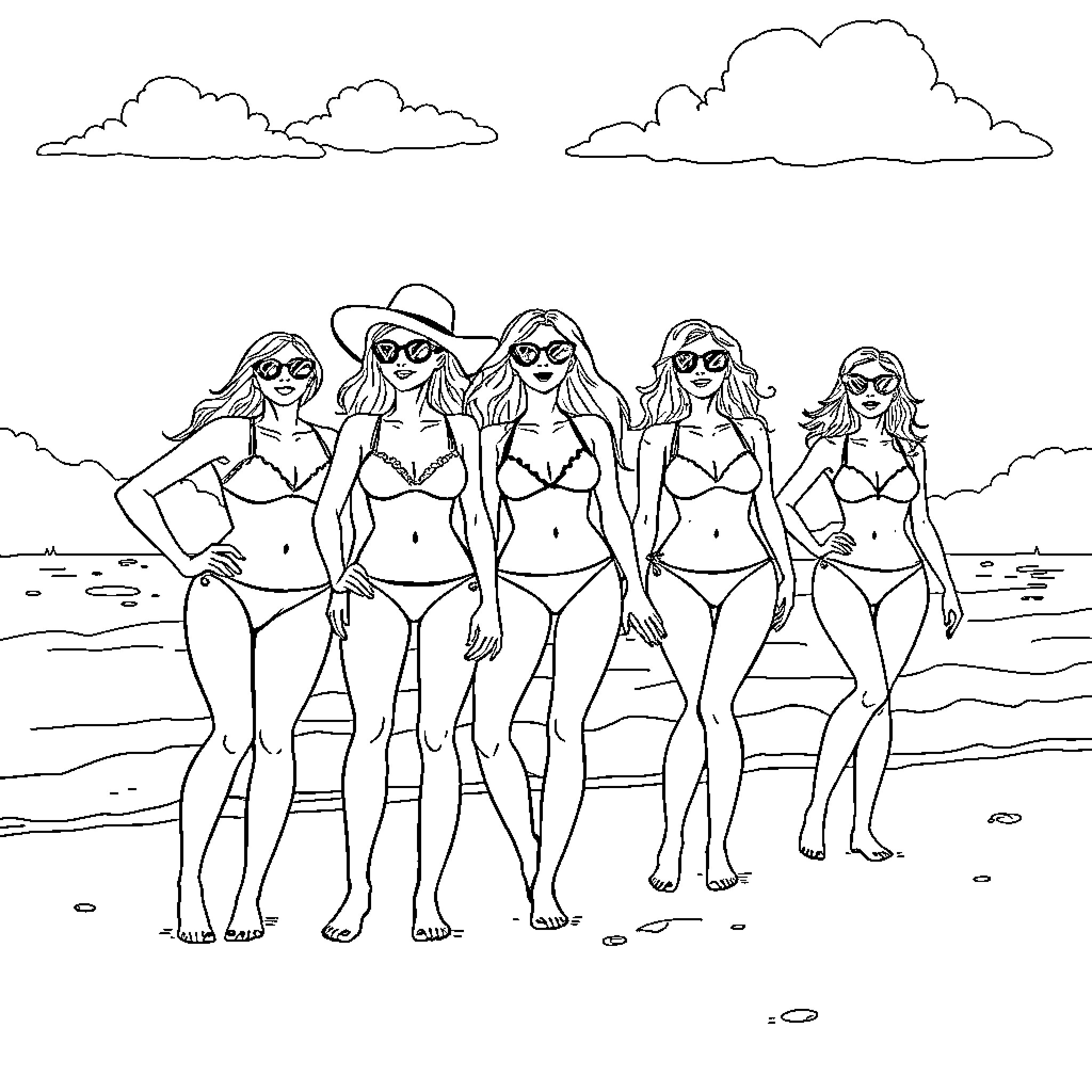Girl friends enjoying the beach in swimwear Coloring Page (free black-and-white line drawing printable PDF for all, from beginners to advanced learners, including children, teens, adults, and seniors)
