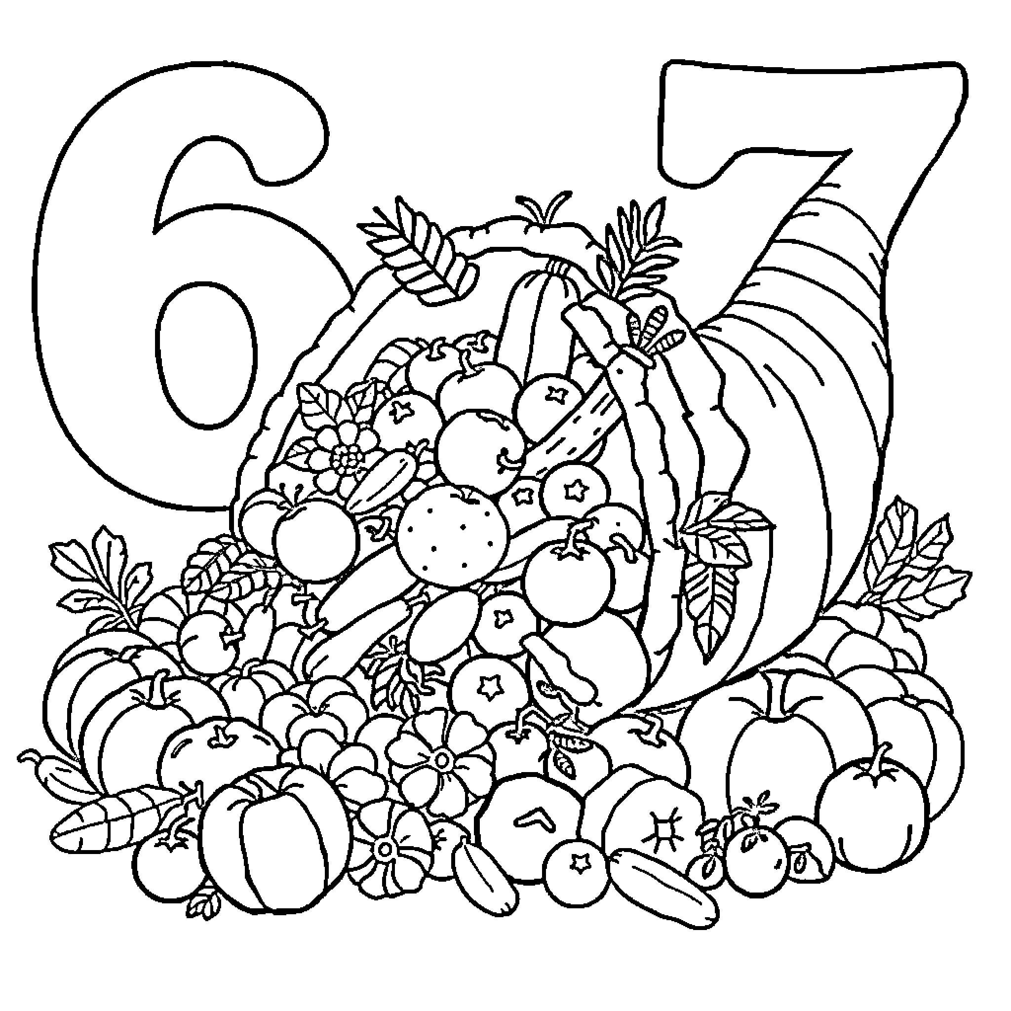 Cornucopia of Festive Autumn Abundance Coloring Page (free black-and-white line drawing printable PDF for all, from beginners to advanced learners, including children, teens, adults, and seniors)